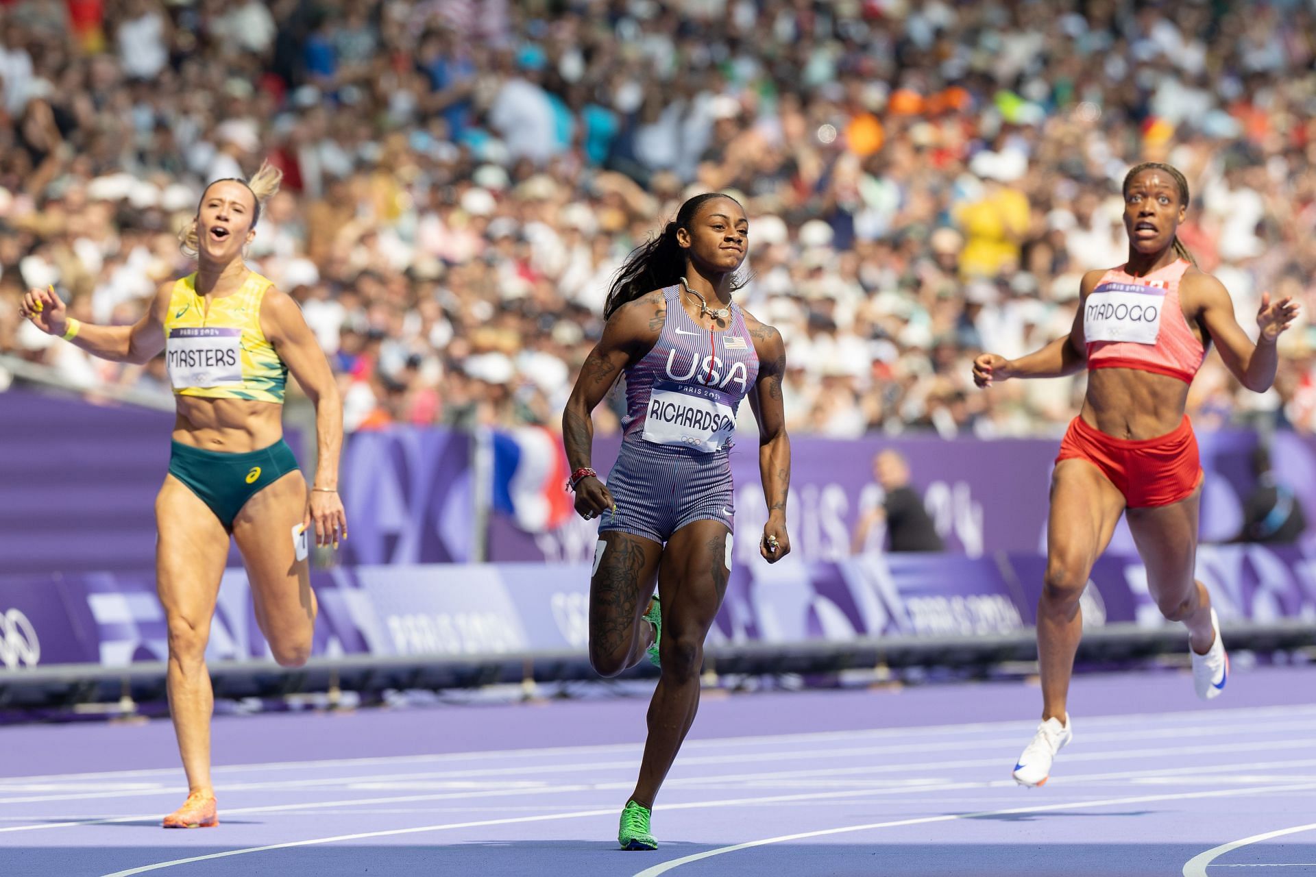 Sha&#039;Carri Richardson in the first round of the Women&#039;s 100m heats at Paris Olympics 2024. (Photo by Steve Christo - Corbis/Corbis via Getty Images)