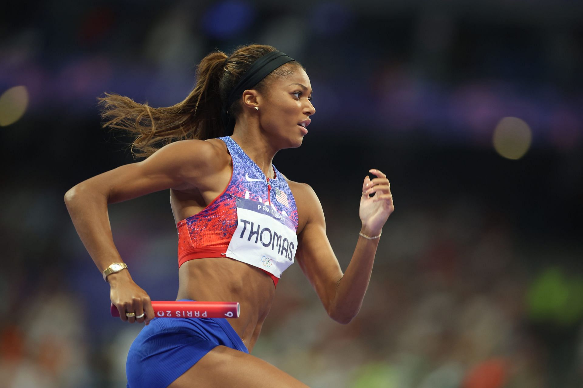 Gabby Thomas in the Women&#039;s 4 x 400m Relay Final during the 2024 Summer Olympic Games in Paris, France. (Photo via Getty Images)