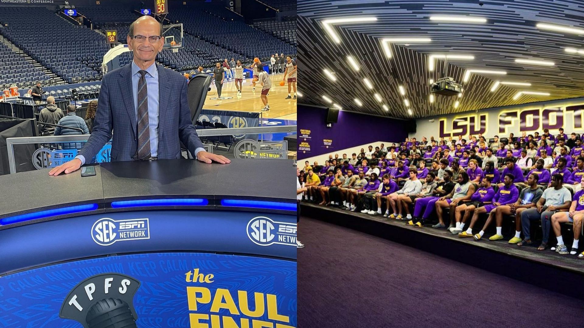 ESPN analyst Paul Finebaum and the LSU team (Finebaum &amp; LSU IG handles)