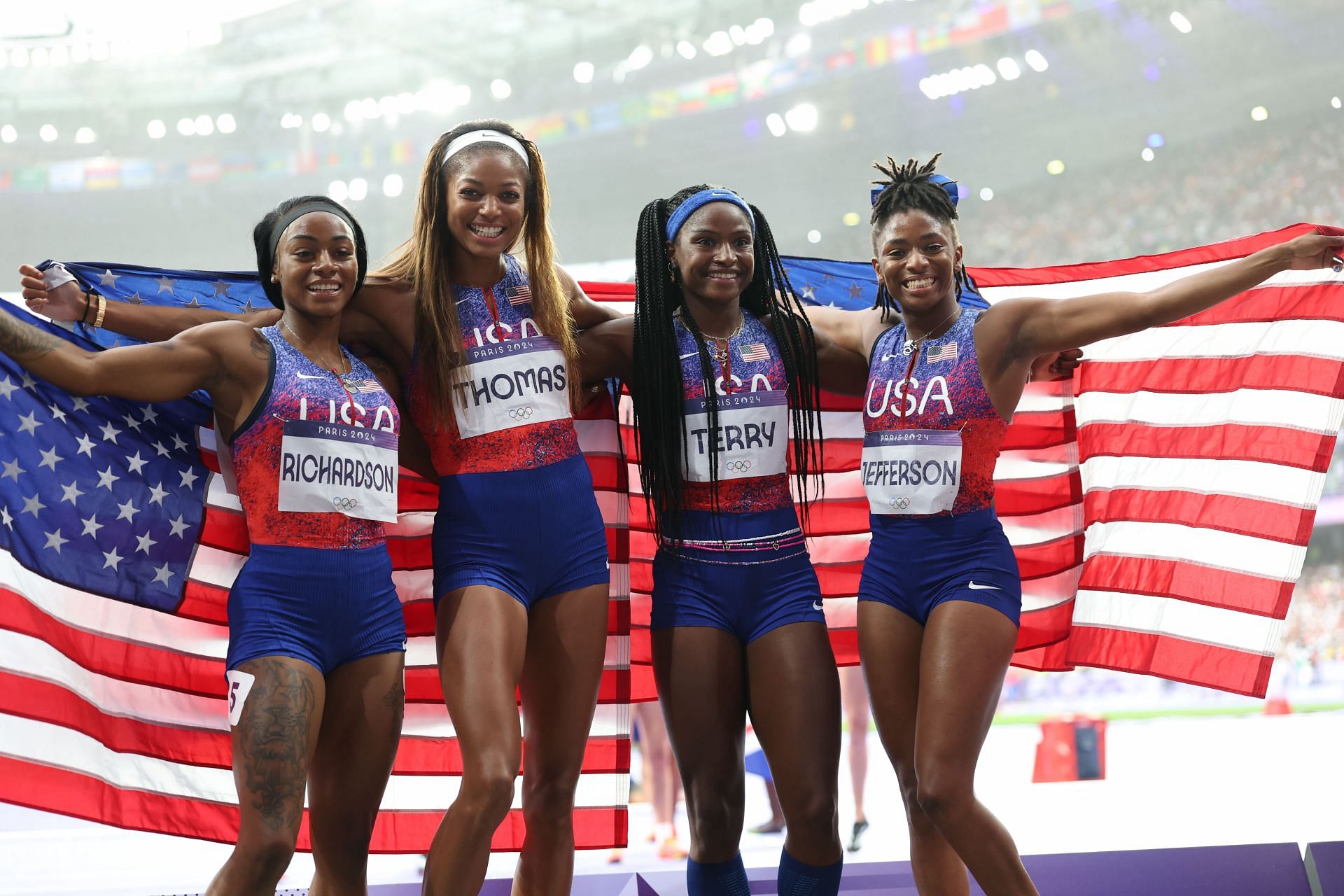 Sha&#039;carri Richardson, Gabby Thomas, Twanisha Terry, and Melissa Jefferson posing after winning the Women&#039;s 4x100m Relay final at the 2024 Olympic Games in Paris, France. (Photo via Getty)