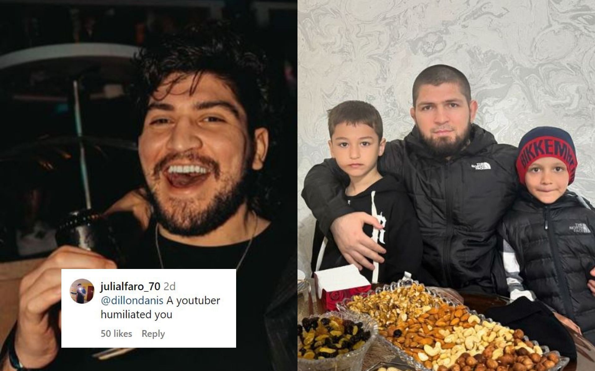 Fans react (insert) to Dillon Danis (left) after his distasteful comments on Khabib Nurmagomedov and his sons (right). [Image credit: @espnmma, @dillondanis, and @khabib_nurmagomedov on Instagram]