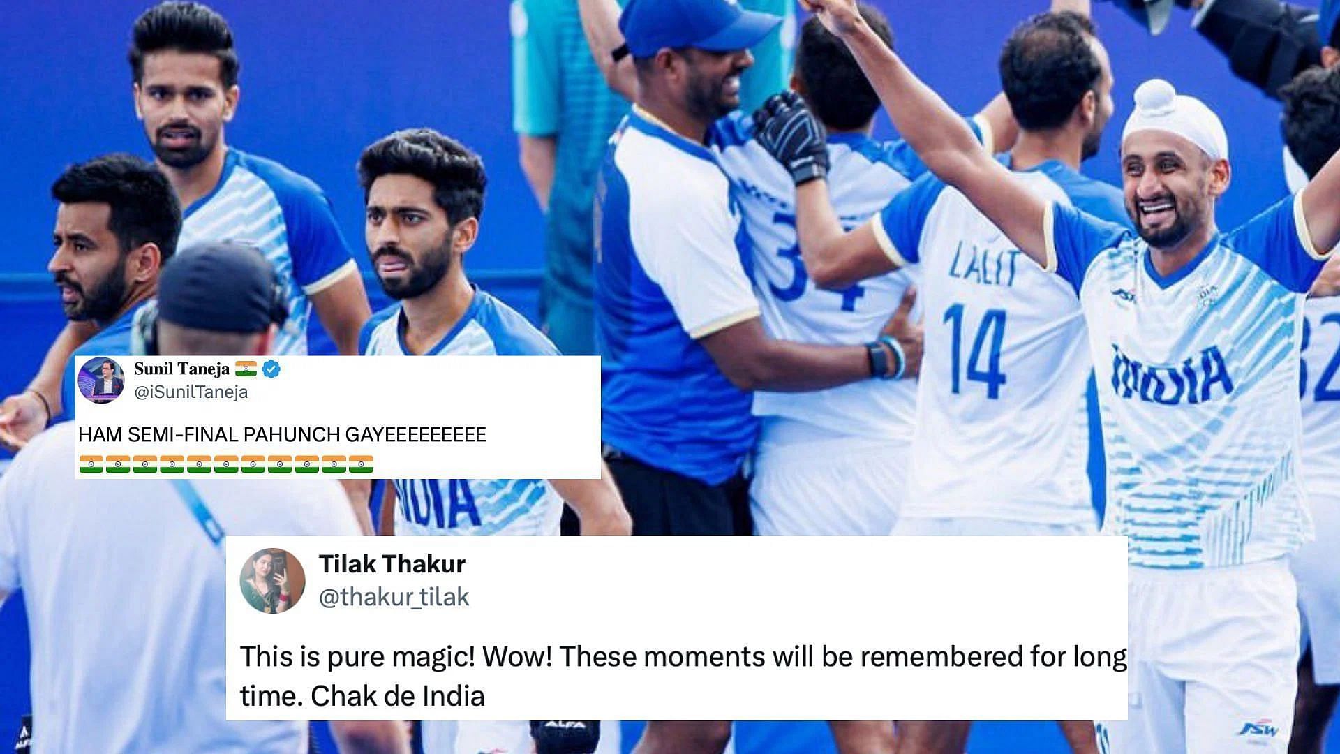 &quot;This is pure magic&quot;- Fans express euphoria after Indian hockey team defeats Great Britain in the Quarter-finals of the Paris Olympics 2024 (Image via Hockey India/IG, Sunil Taneja/X, and Tilak Thakur/X)