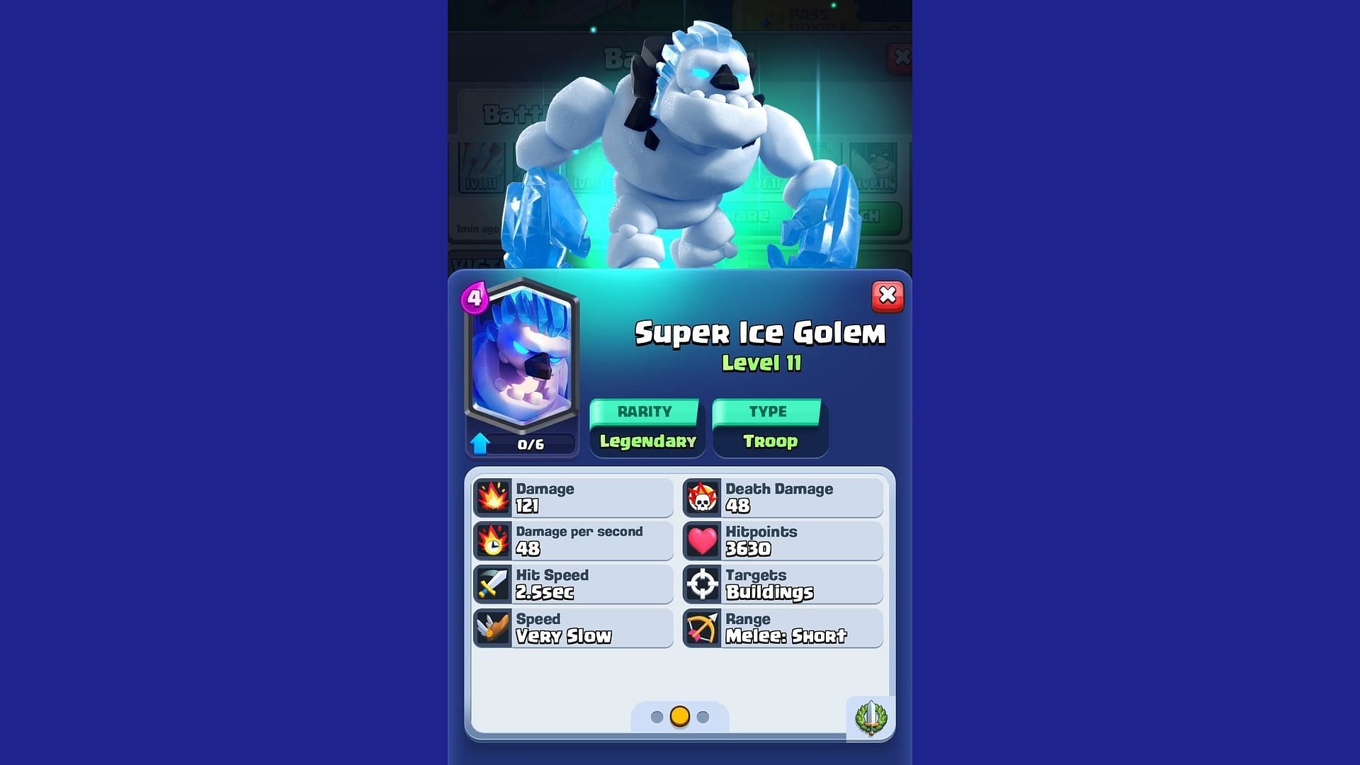 Stats of Level 11 Super Golem in Clash Royale (Image via Supercell)