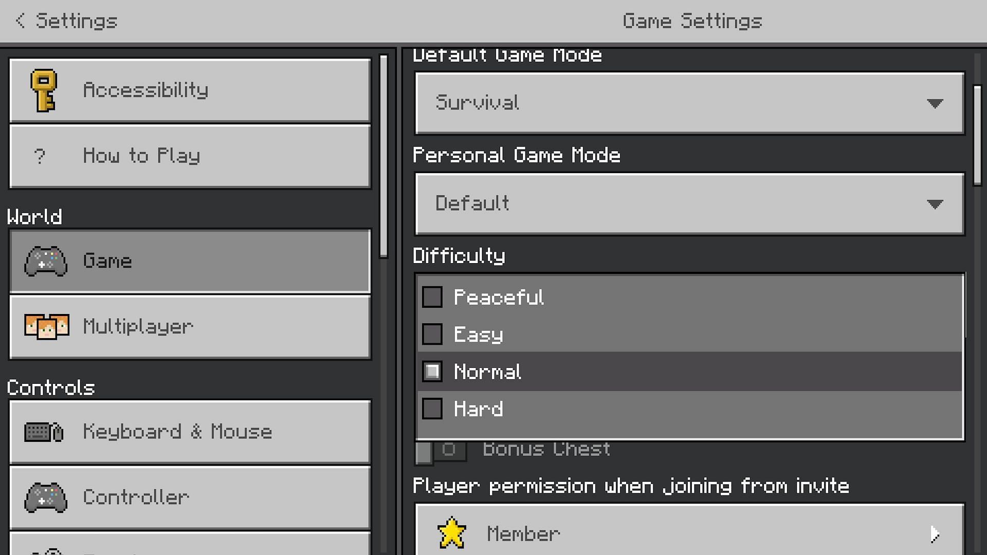 Bedrock&#039;s difficulty toggle (Image via Mojang)