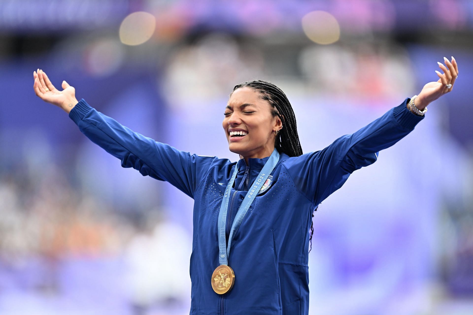 Tara Davis-Woodhall at the 2024 Paris Olympics- Women&#039;s Long Jump - (Image via Getty)