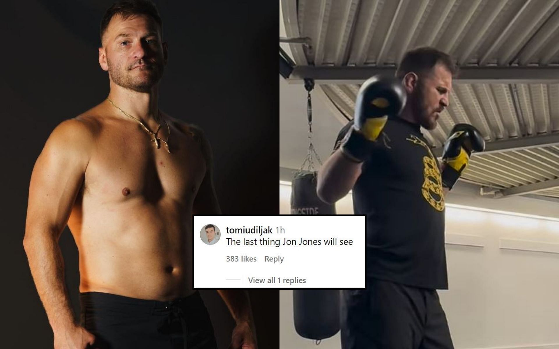 Fans react (insert) to Stipe Miocic (right) dancing to Like a Prayer (right). [Image credit: @stipemiocic on Instagram