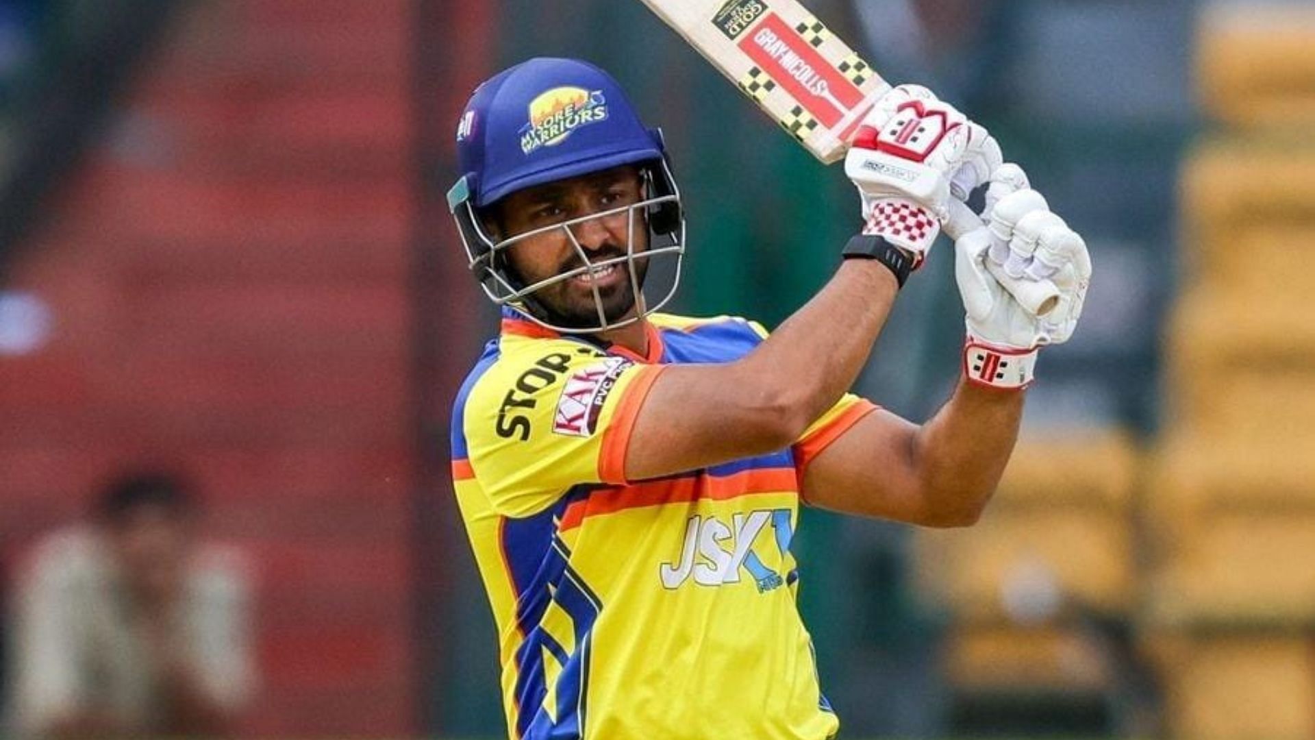 Karun Nair in action for the Mysore Warriors in the Maharaja Trophy T20 2024 (Image Credits: Mysore Warriors/IG)