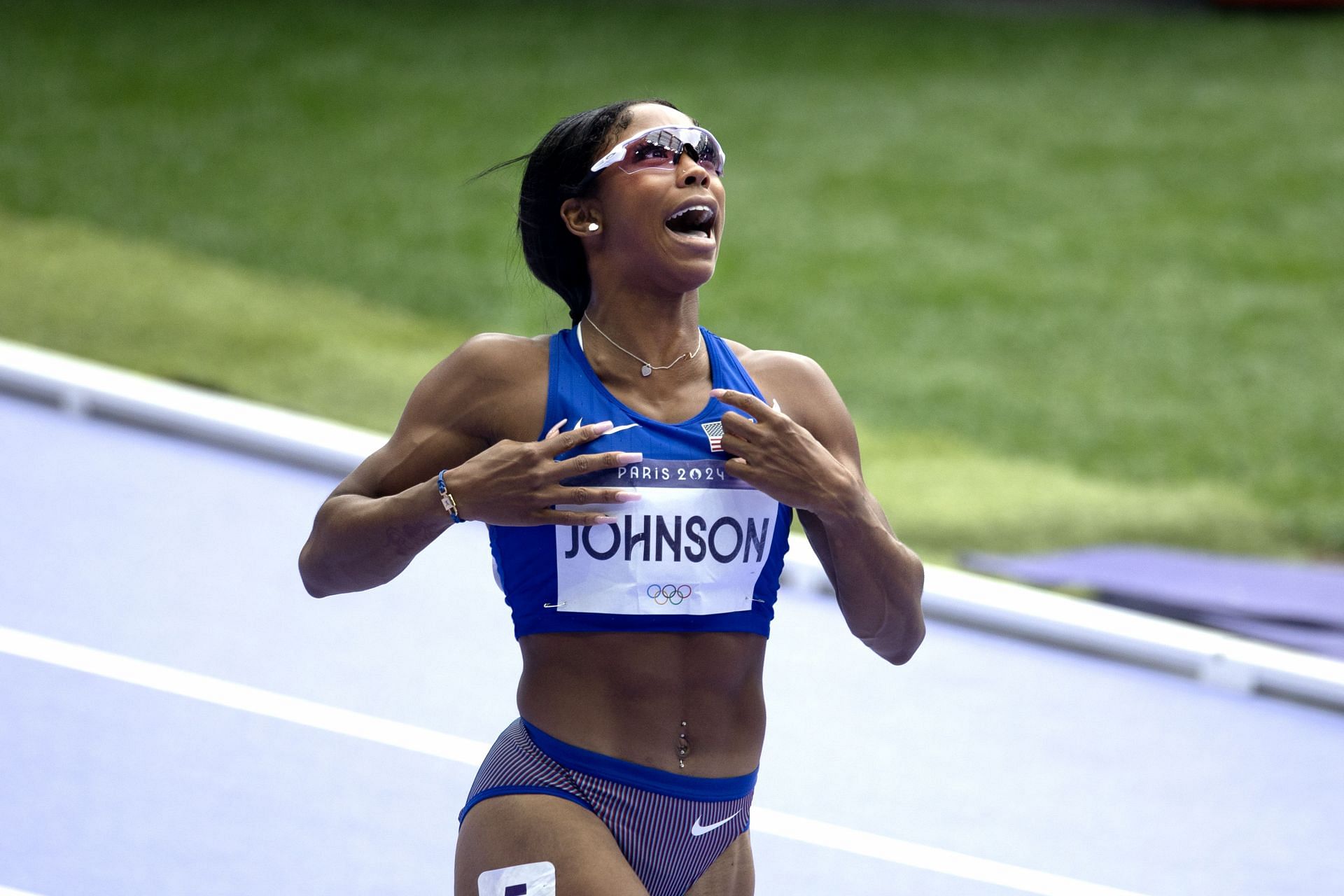 Alaysha Johnson after winning the Women&#039;s 100m Hurdles Semi-Final Heat 2 at the Paris Olympics 2024 (Photo via Getty Images)