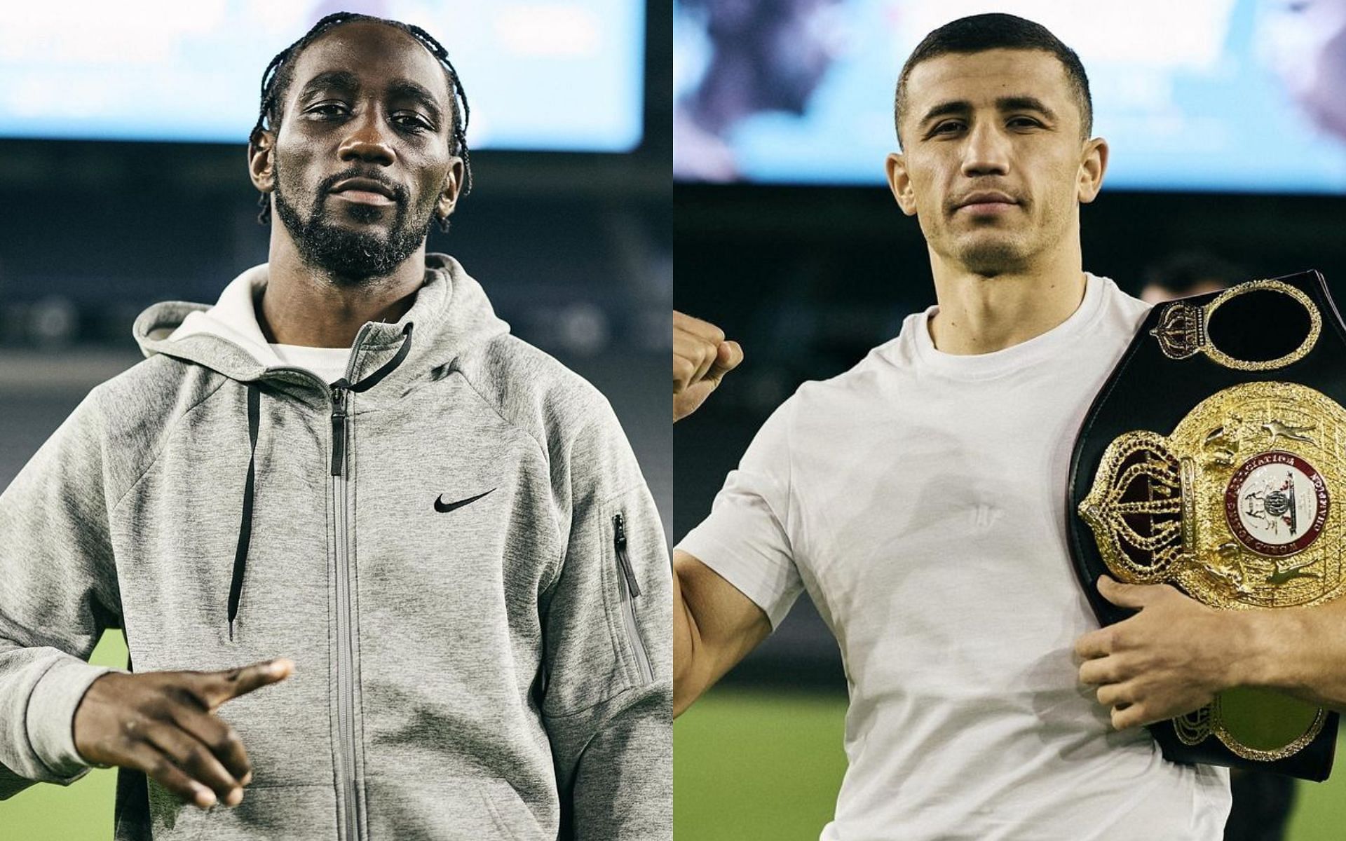 Terence Crawford (left) is the favorite over Israil Madrimov (right) for the match up. [Images courtesy @matchroomboxing on Instagram]