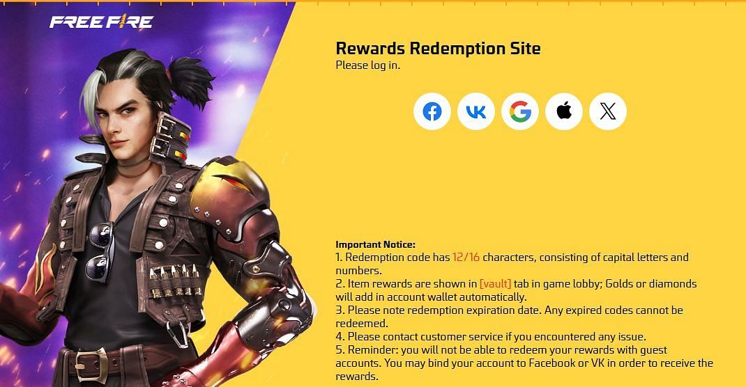 रिडीम कोड की रिवॉर्ड रिडिम्प्शन वेबसाइट (Image via reward.ff.garena.com)