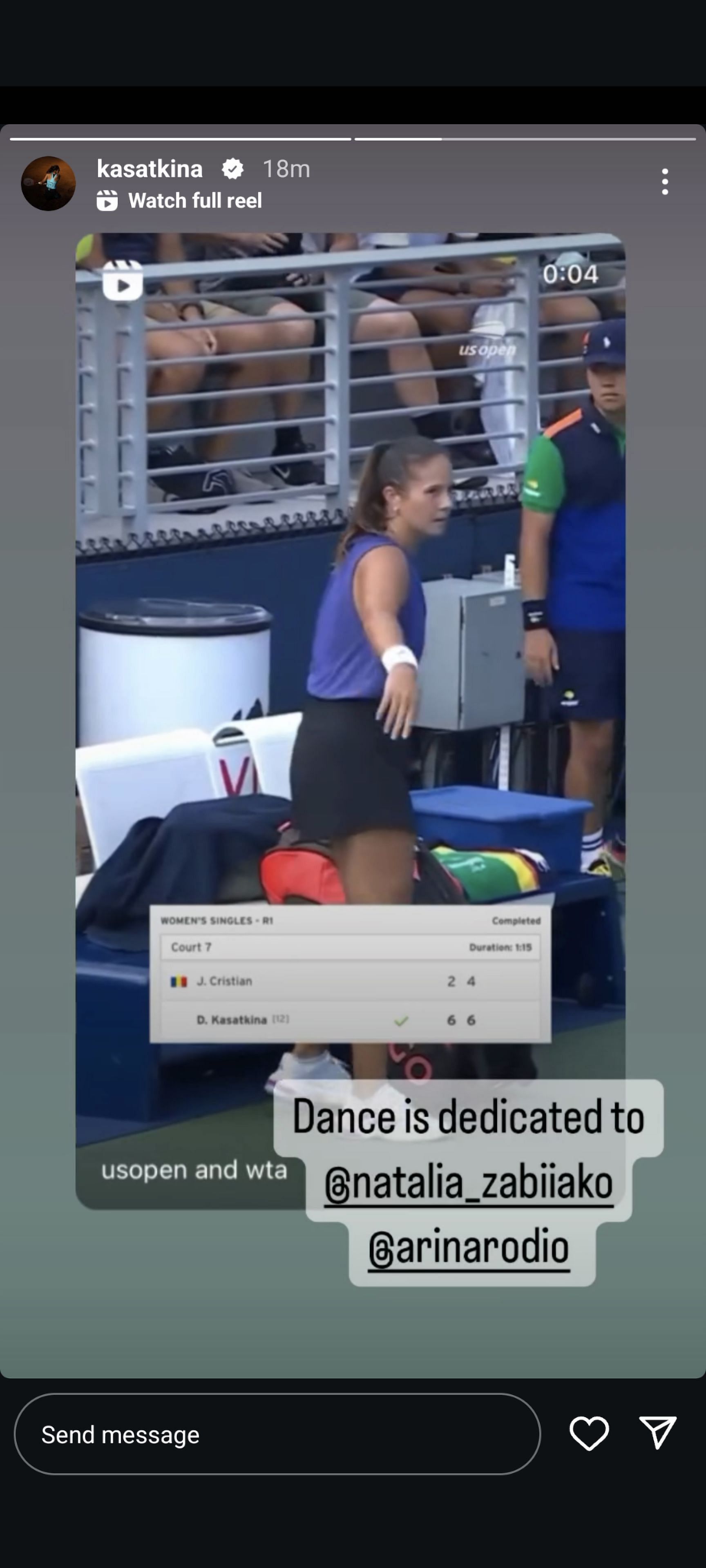 Screen grab of Daria Kasatkina&#039;s Instagram story