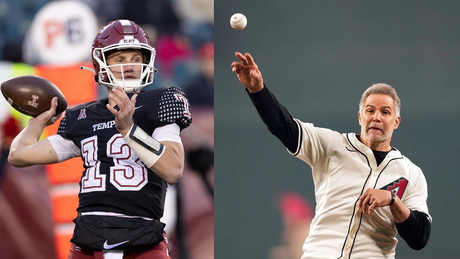 QB EJ Warner is following in the footsteps of his dad, Kurt, who is doing a different type of throwing here in a ceremonial first pitch for the Arizona Diamondbacks. (Photo Credits: IMAGN)