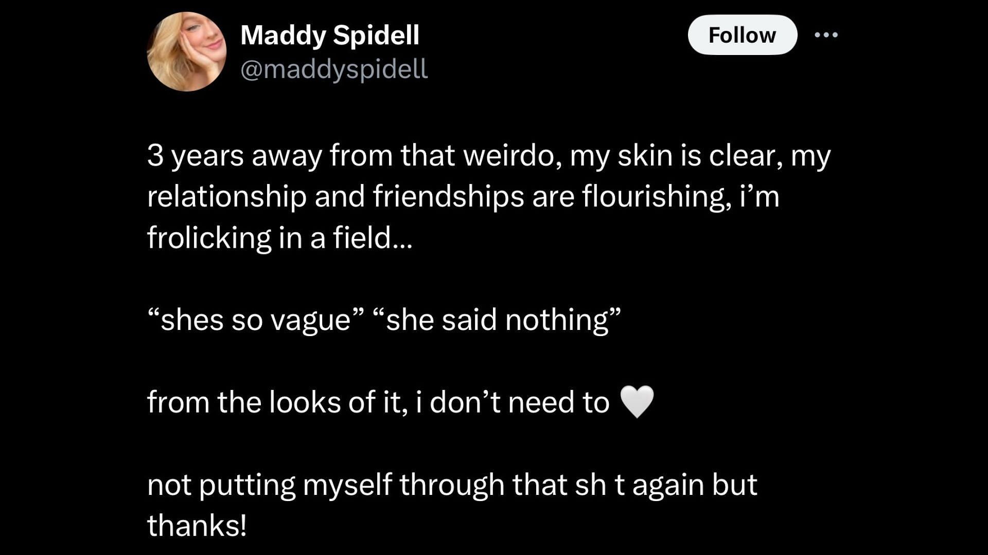 Maddy took to X and mentioned how she is better off without &quot;that weirdo&quot;, suggesting her breakup with MrBeast, her X account is private as of this writing (Image via @Saammuel/X)