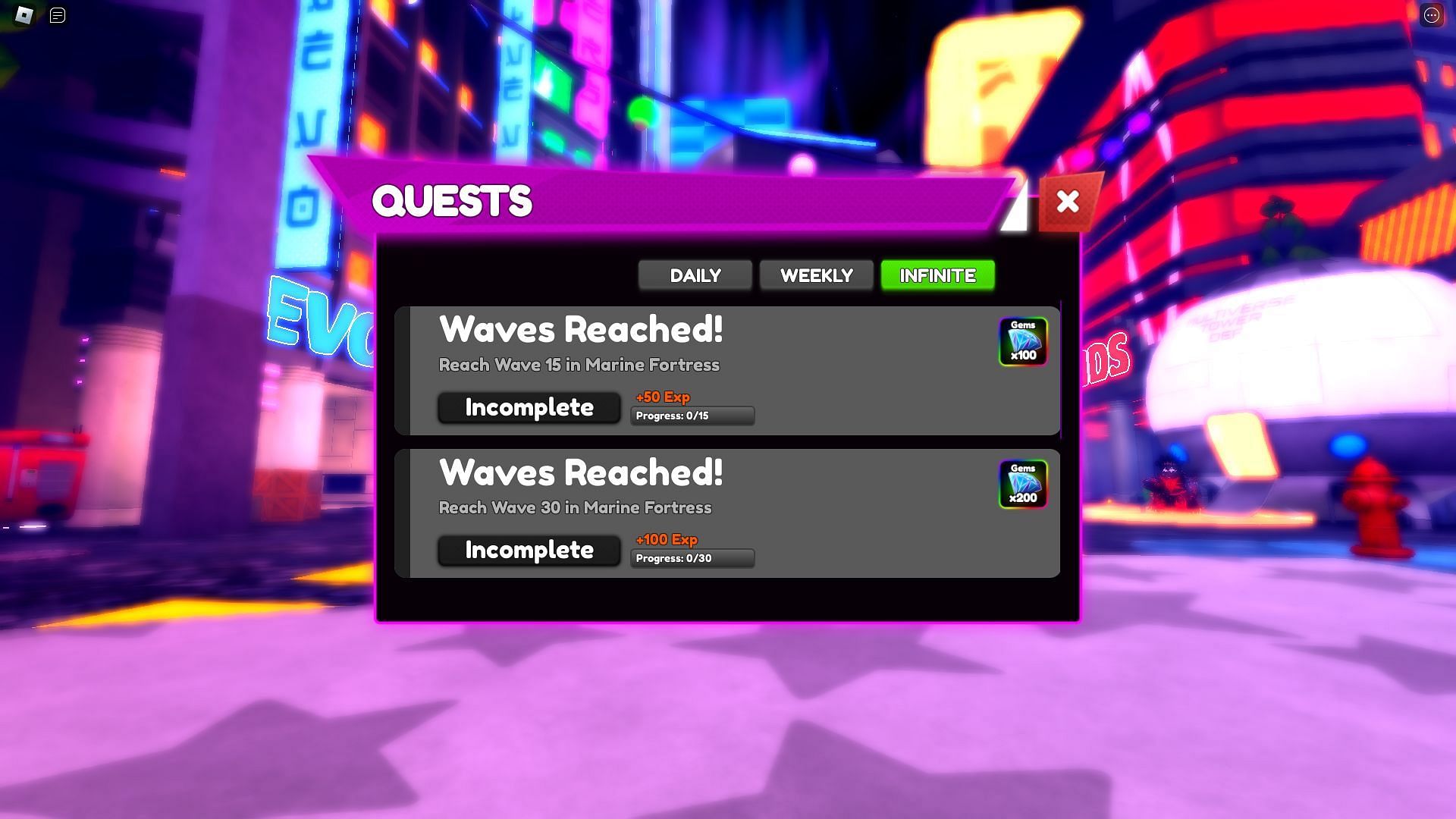 The quest menu in Multiverse Tower Defense (Image via Roblox)