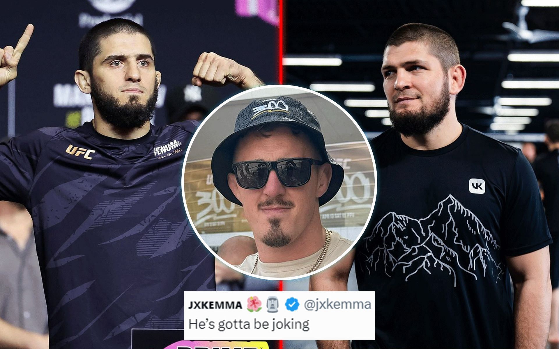 Fans react to Tom Aspinall (inset) picking Islam Makhachev (left) over Khabib Nurmagomedov (right). [Images courtesy: @tomaspinallofficial, @islam_makhachev and @khabib_nurmagomedov on Instagram]