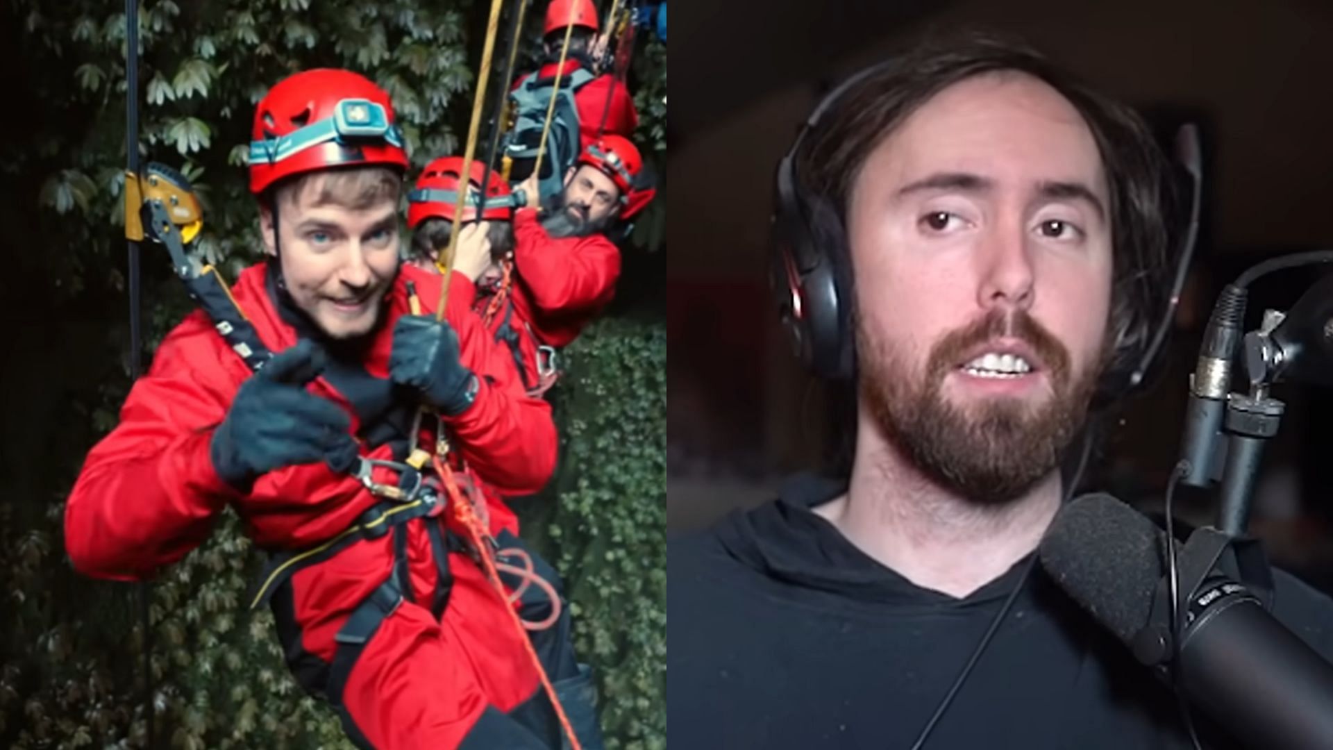 Asmongold reacted to a recent report of MrBeast hiring a celebrity lawyer against DogPack404 (Image via MrBeast and Asmongold Clips/YouTube)