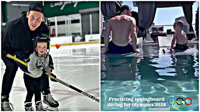 Radek Faksa and three-year-old son Eliott adorably practice for Olympics 2028