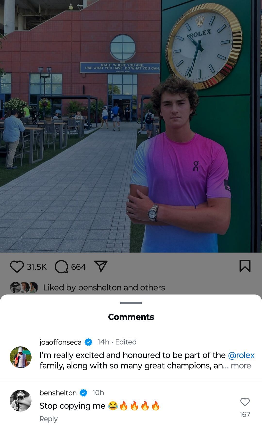 Ben Shelton&#039;s comment on Joao Fonseca&#039;s Instagram post. (Source: Instagram @joaoffonseca)