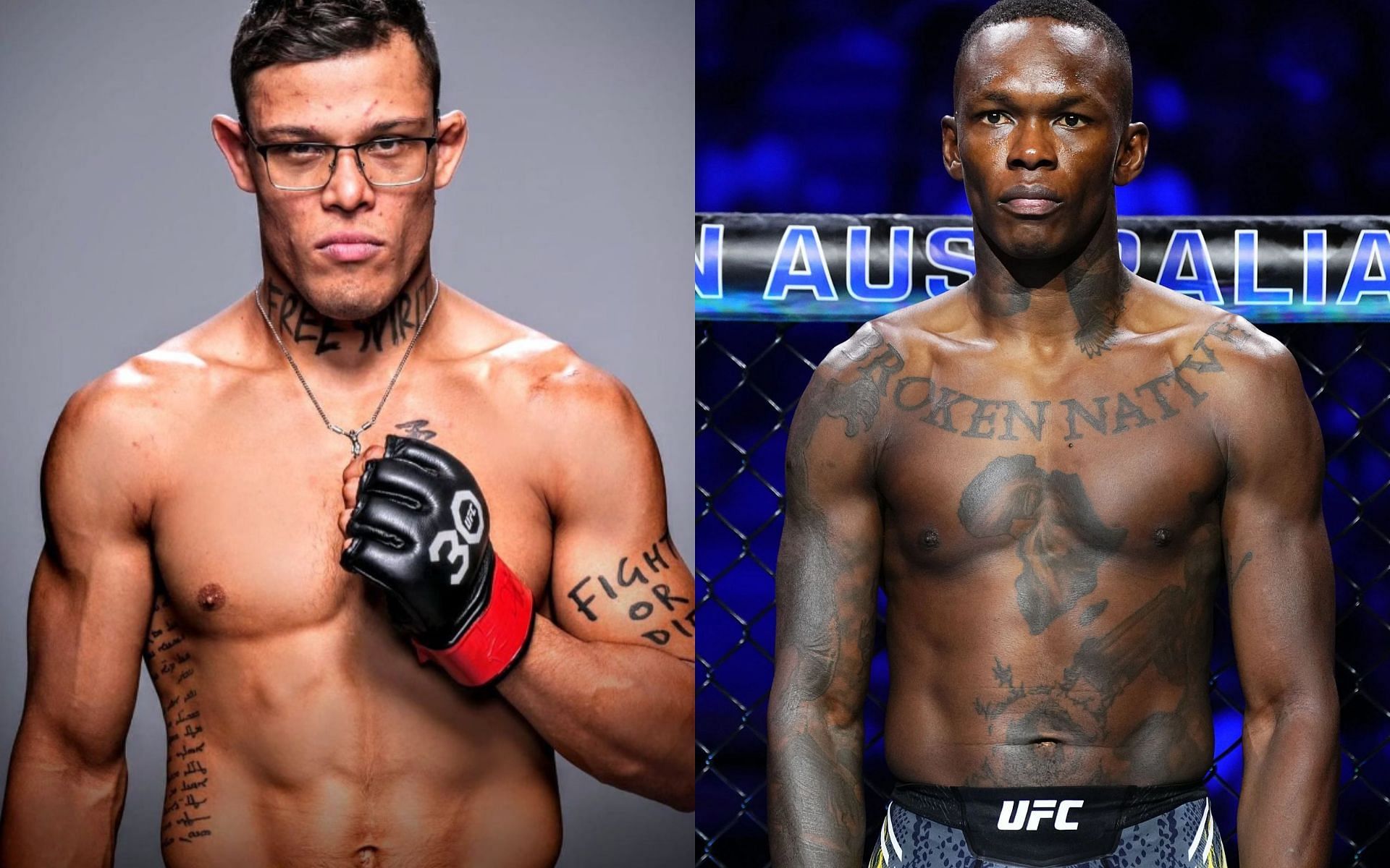 Caio Borralho (left) calls for Israel Adesanya (right) next after entering UFC middleweight division top 5 rankings [Images courtesy: Getty Images, @caioborralho on Instagram]