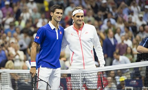 Novak Djokovic (L) and Roger Federer (R) ahead of the 2015 US Open men's singles final (Source: Getty)