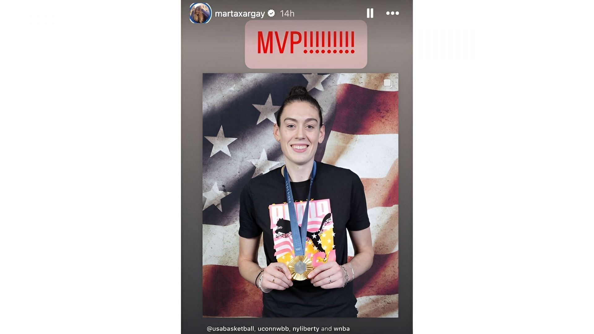 Breanna Stewart shows off her gold medal from the 2024 Paris Olympics. Credit: Marta Xargay&#039;s IG account