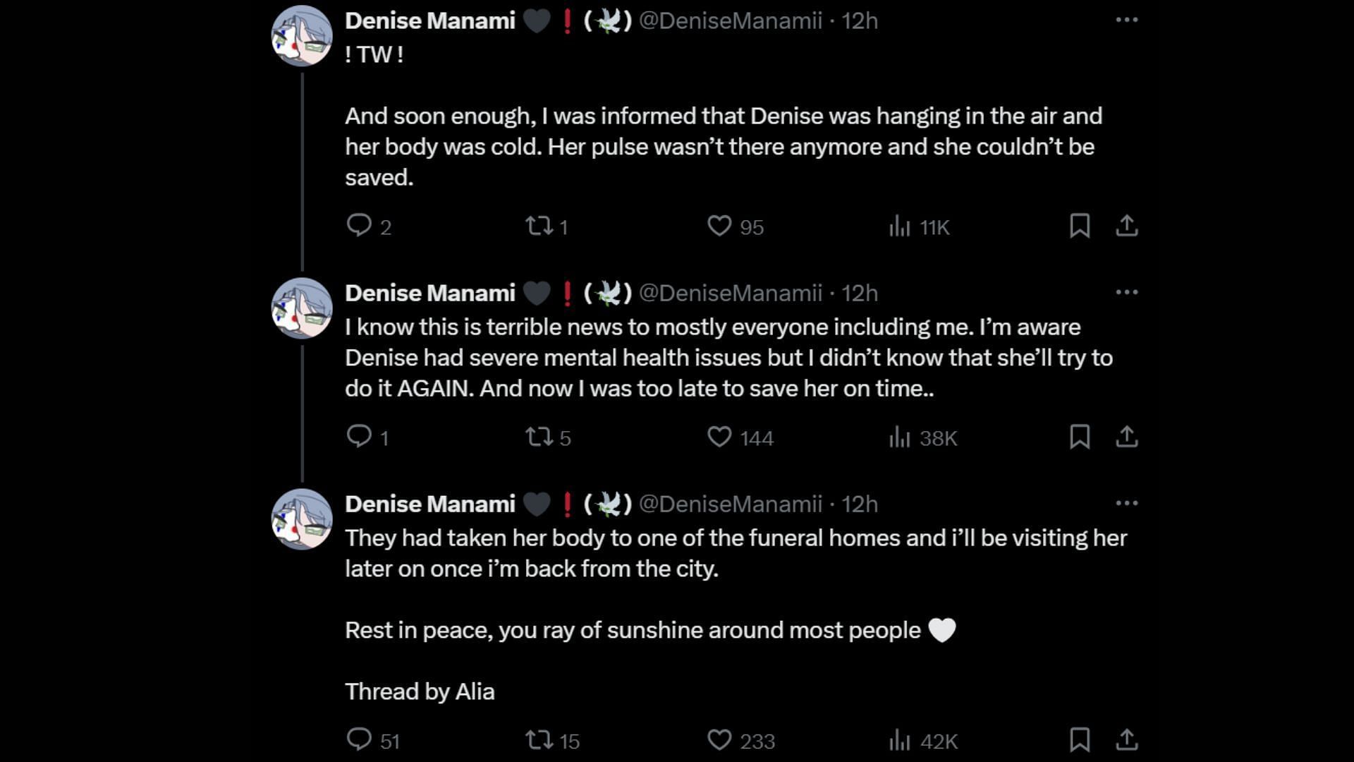 The thread of tweets on Denise Manami&#039;s account (Images via X/@DeniseManamii)