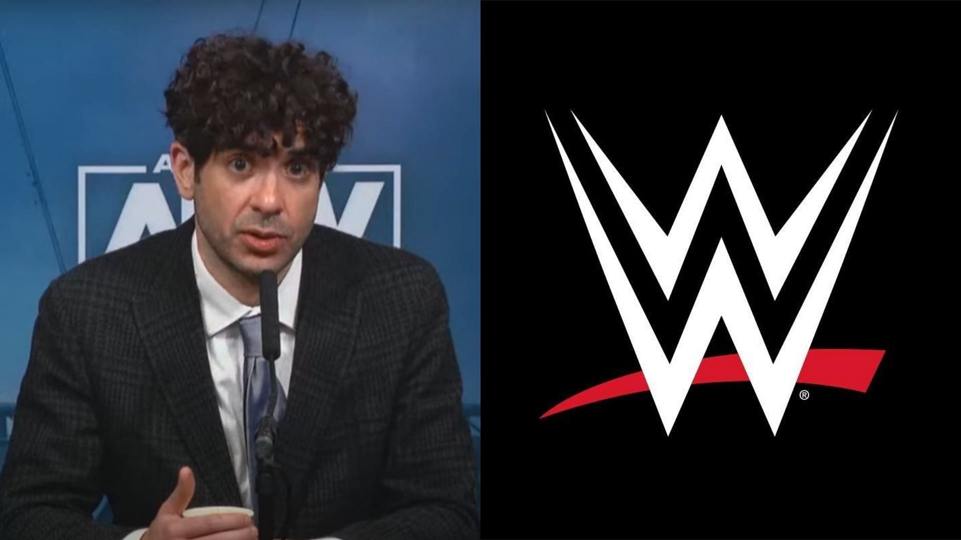 Tony Khan (left) and WWE logo (right). (Image credits: AEW YouTube channel &amp; WWE