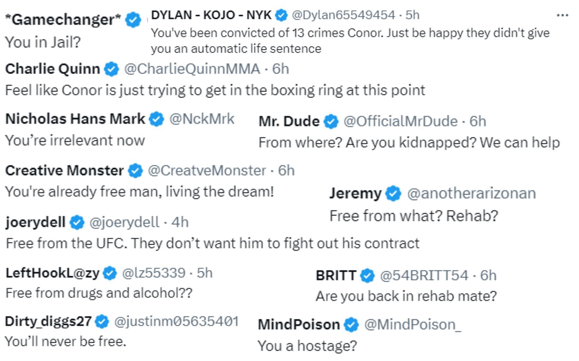 Screenshots of fan reactions to Conor McGregor&#039;s post on X