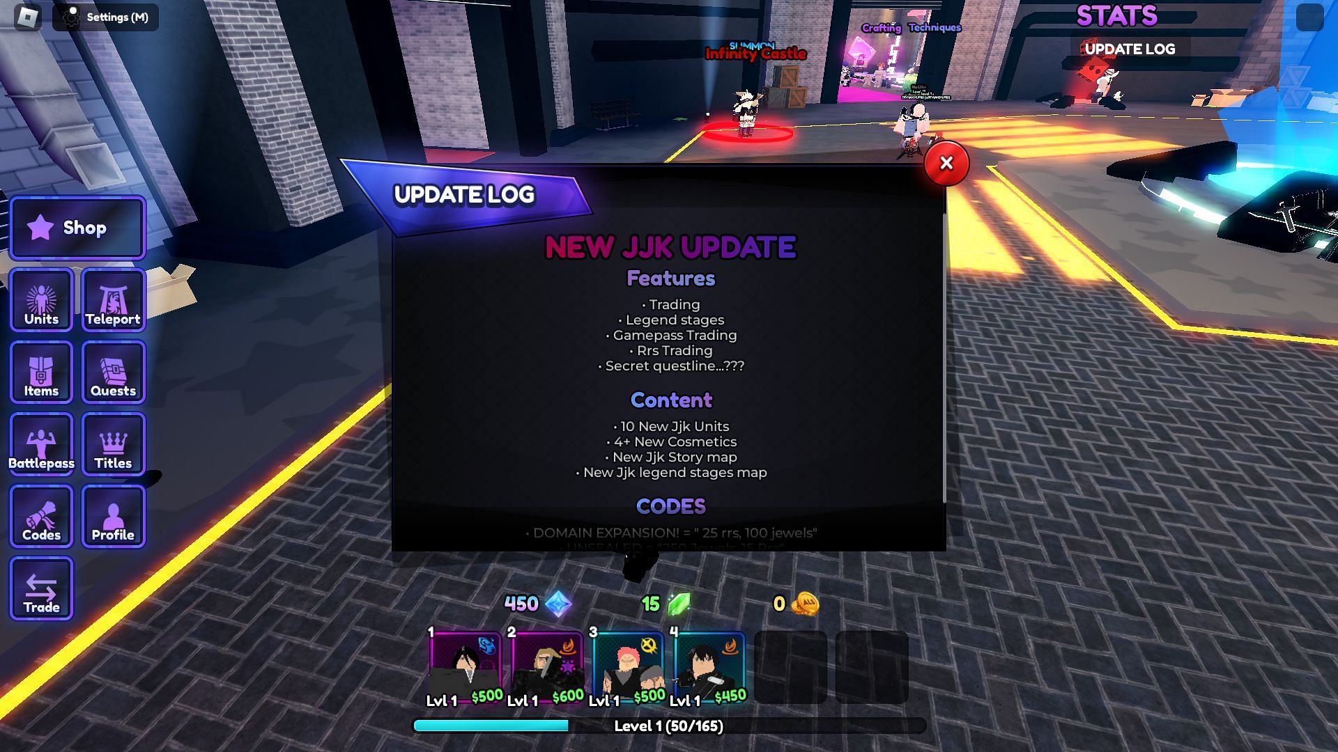 In-game update log (Image via Roblox)