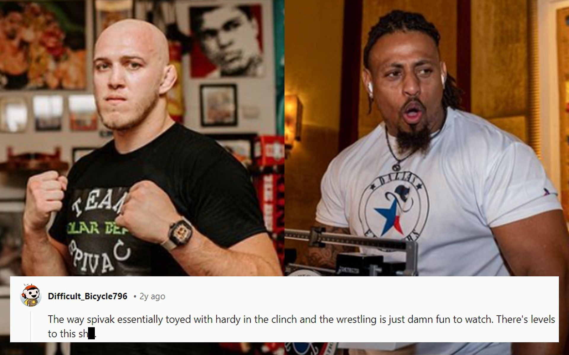 Serghei Spivac (left) handed Greg Hardy (right) is final professional MMA defeat. [Images courtesy: @polar_bear_ft_official and @greghardyjr on Instagram]