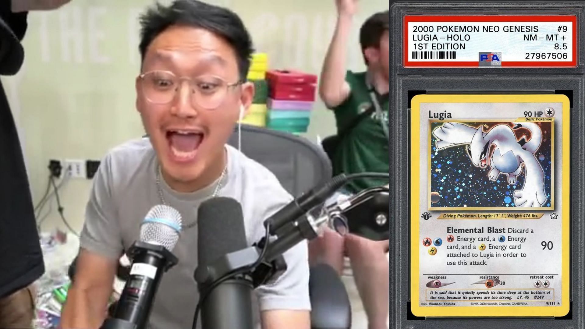 MeesterKeem freaks out after he packs an extremely rare card on stream (Images via MeesterKeem/Twitch, PSAcard.com)