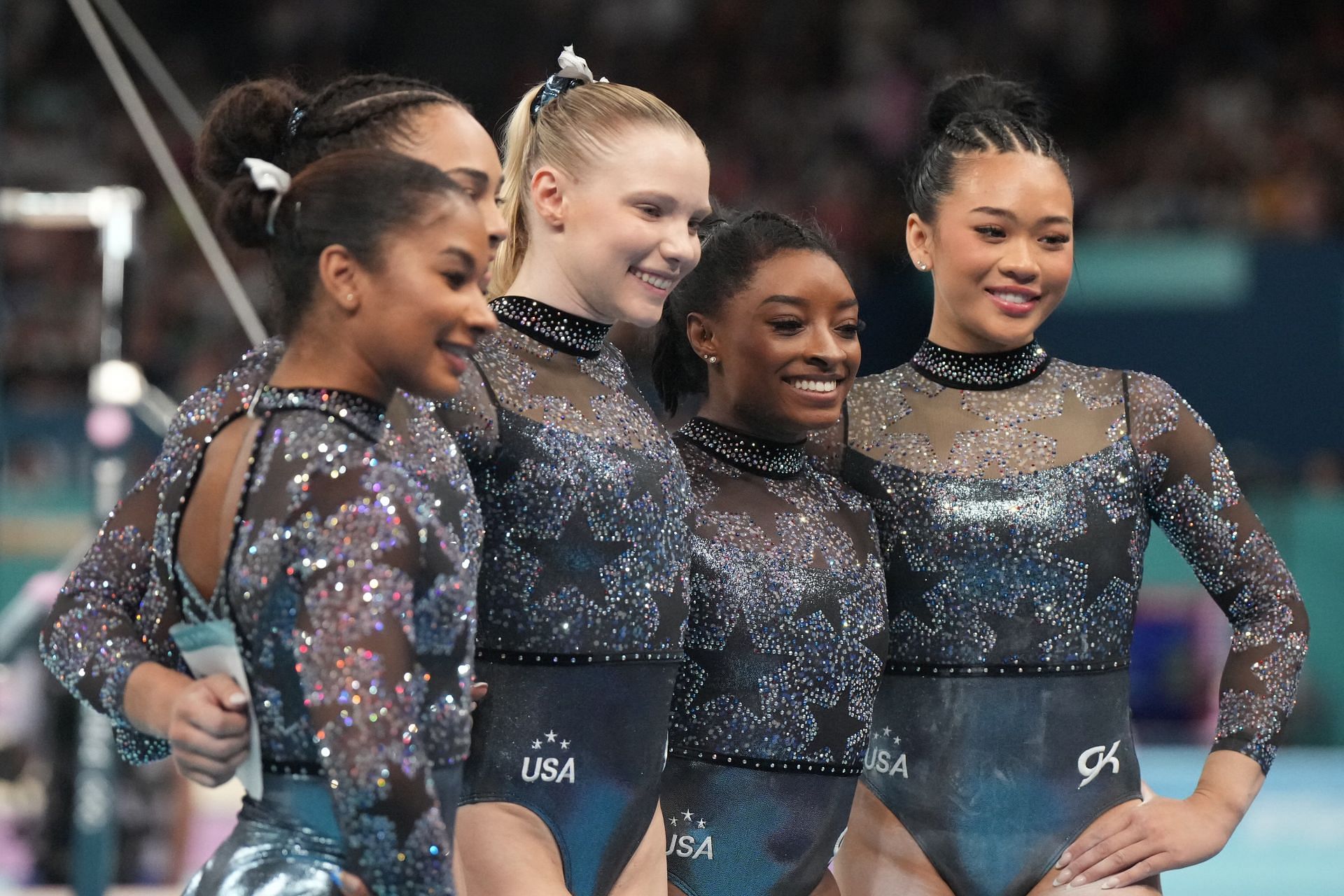 Jordan Chiles, Hezly Rivera, Jade Carey, Simone Biles and Sunisa Lee during the Women&#039;s Qualification at the Paris Olympics 2024 (Photo by Erick W. Rasco/Sports Illustrated via Getty Images)