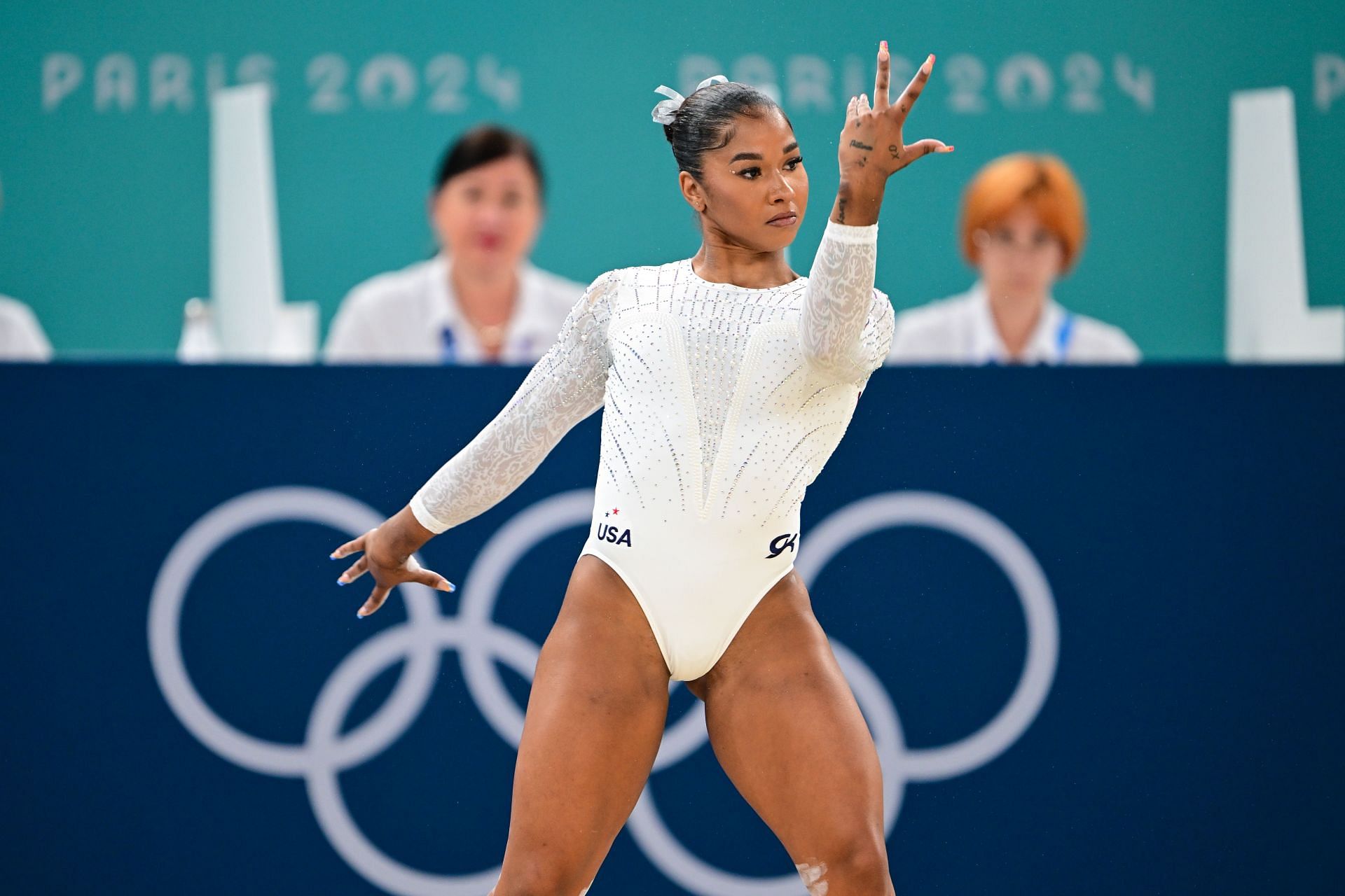 Jordan Chiles performs during the Women&#039;s Floor Exercise Final at the Olympic Games 2024 at Bercy Arena in Paris, France. (Photo via Getty Images)