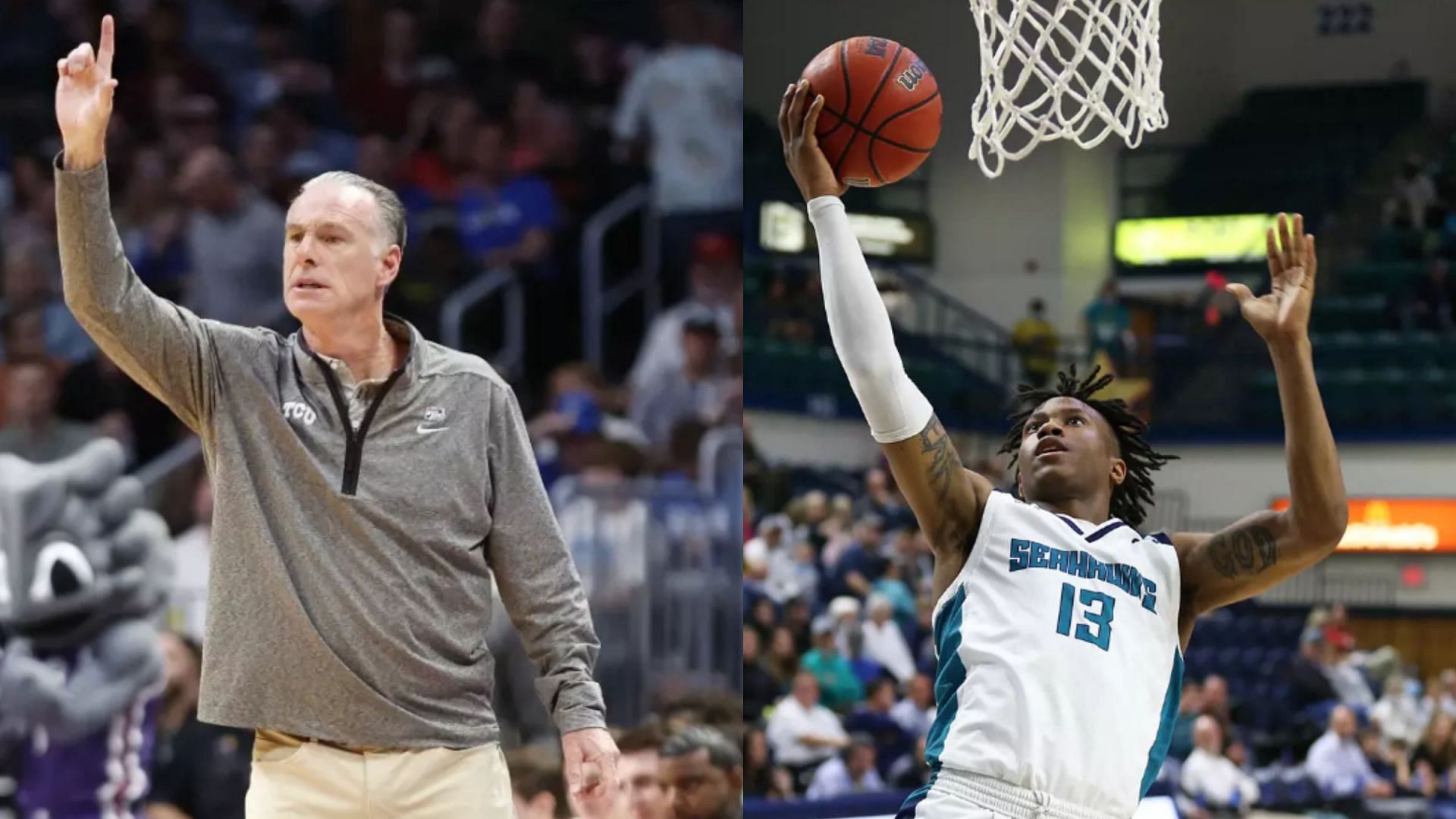 TCU coach Jamie Dixon (left) and Trazarien White (right). ( Image Sources: TCU coach Jamie Dixon - https://gofrogs.com/sports/mens-basketball/roster/coaches/jamie-dixon/1536 ; Trazarien White - https://uncwsports.com/sports/mens-basketball/roster/trazarien-white/8124 )