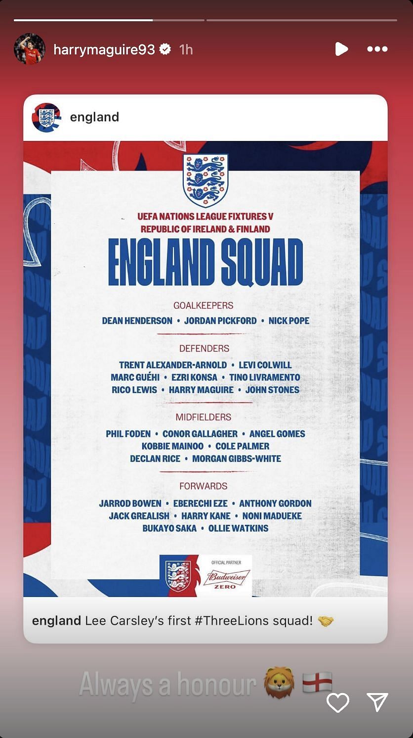 Harry Maguire reacts to England call-up (Source: Instagram)