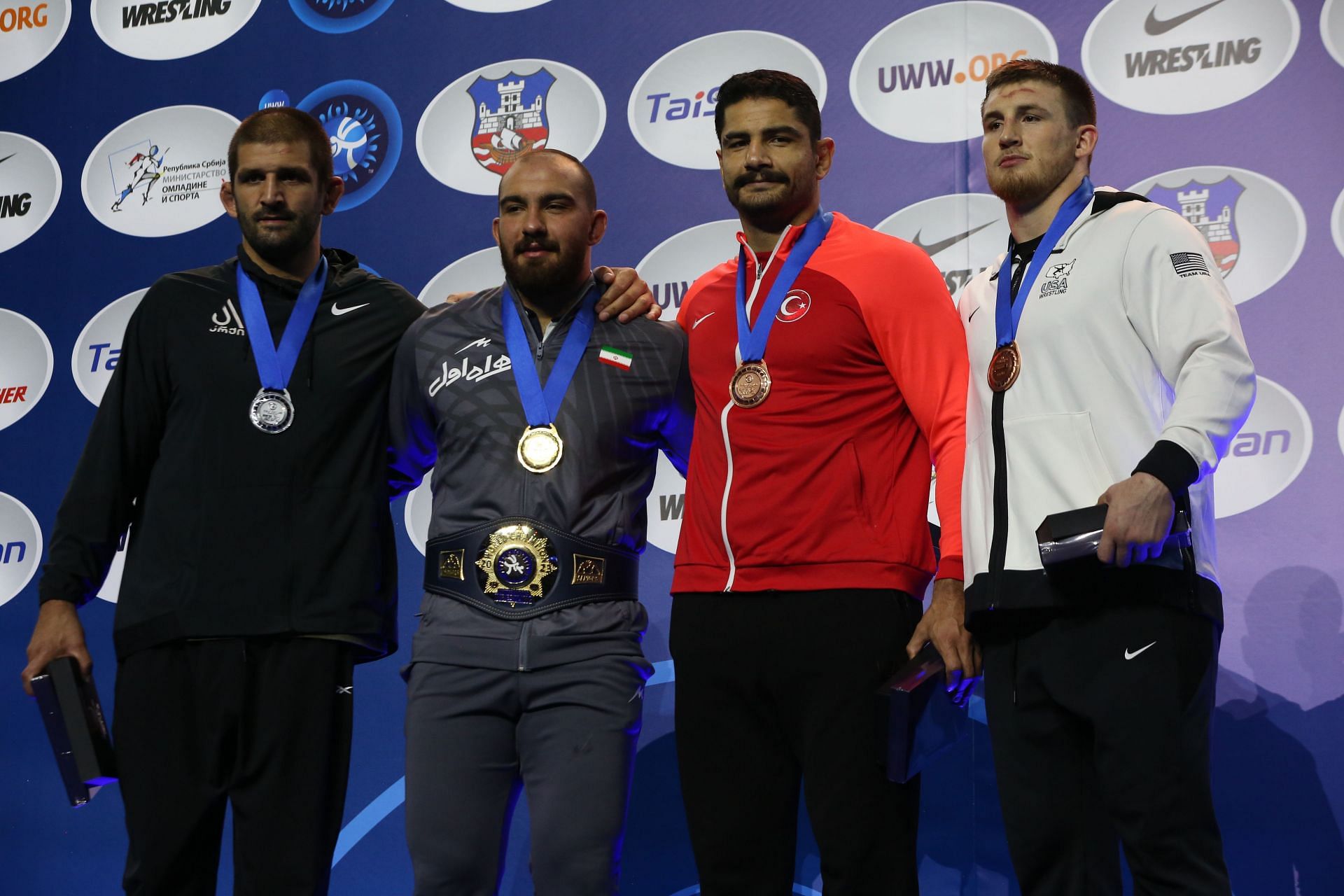 Amir Hossein Zare, Geno Petriashvili, Taha Akgul, Mason Mark Parrison were the medalists at the World Wrestling Championships 2023. (Photo by Filip Stevanovic/Anadolu Agency via Getty Images)