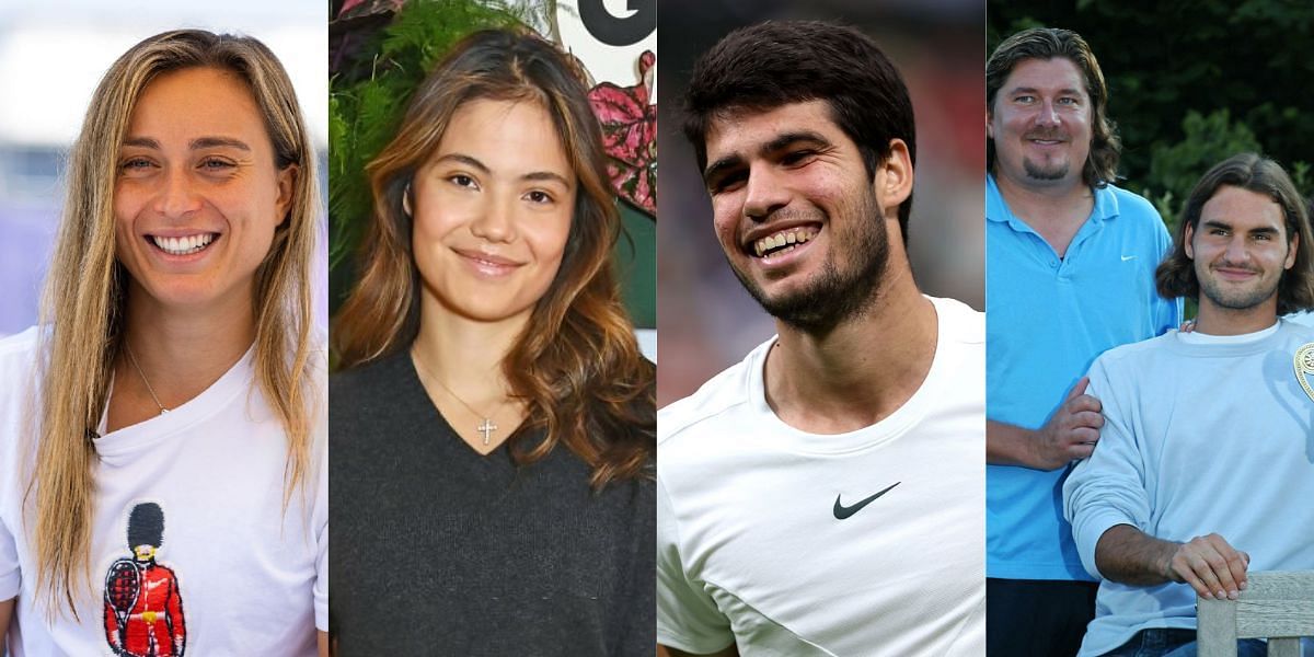 (Left to Right) Paula Badosa, Emma Raducanu, Carlos Alcaraz, Roger Federer and former coach Peter Lundgren (Source: Getty Images)