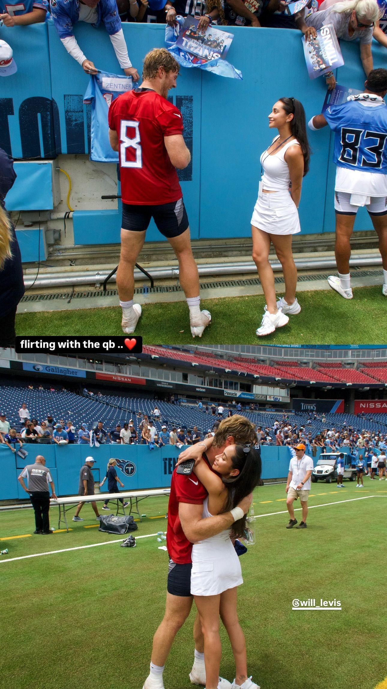 Will Levis embraces Victoria Fuller during Tennessee Titans preseason camp.