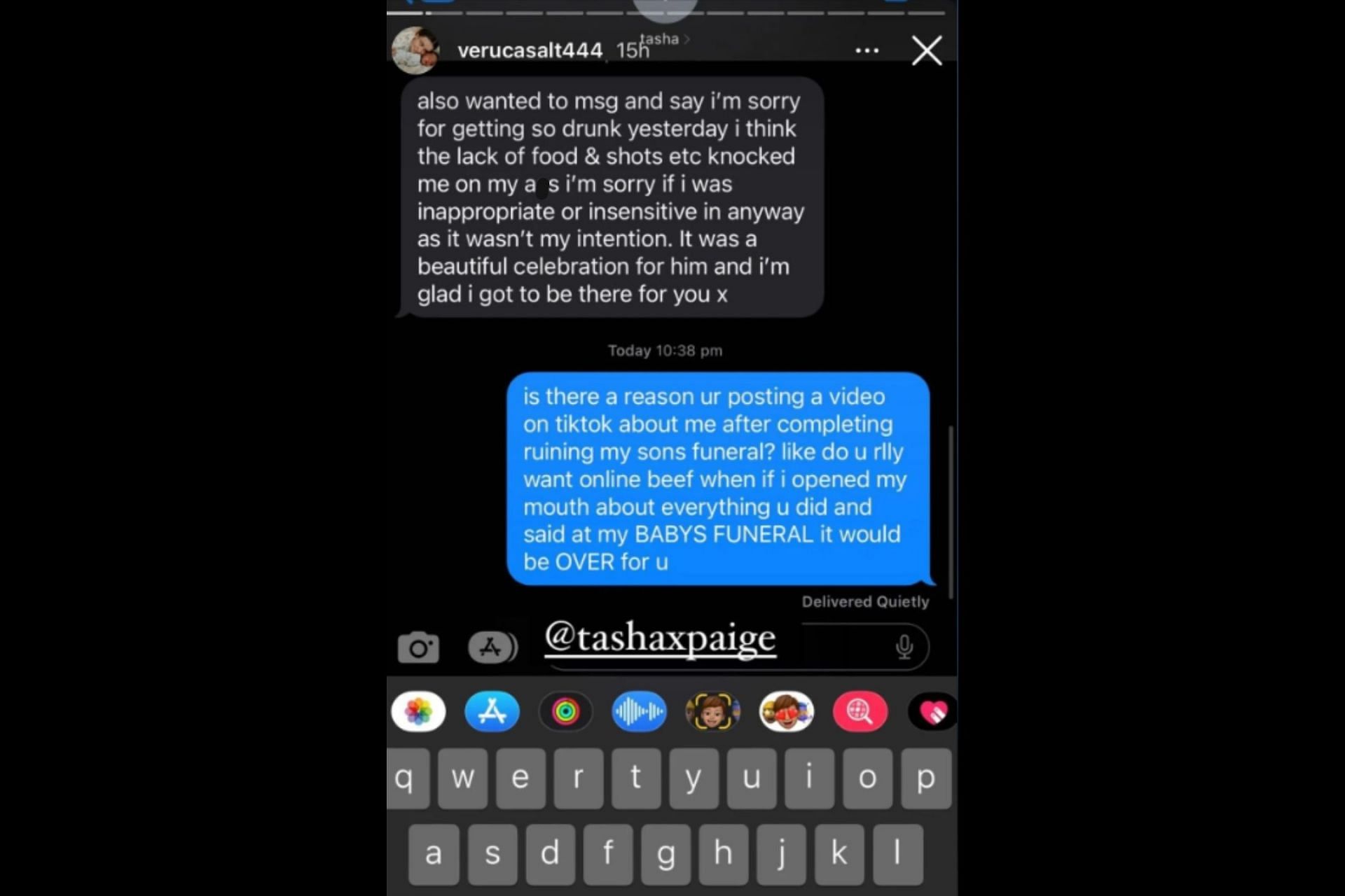 Veruca Salt shares screenshots of Tasha Paige apologizing for her behavior (Image via Reddit)