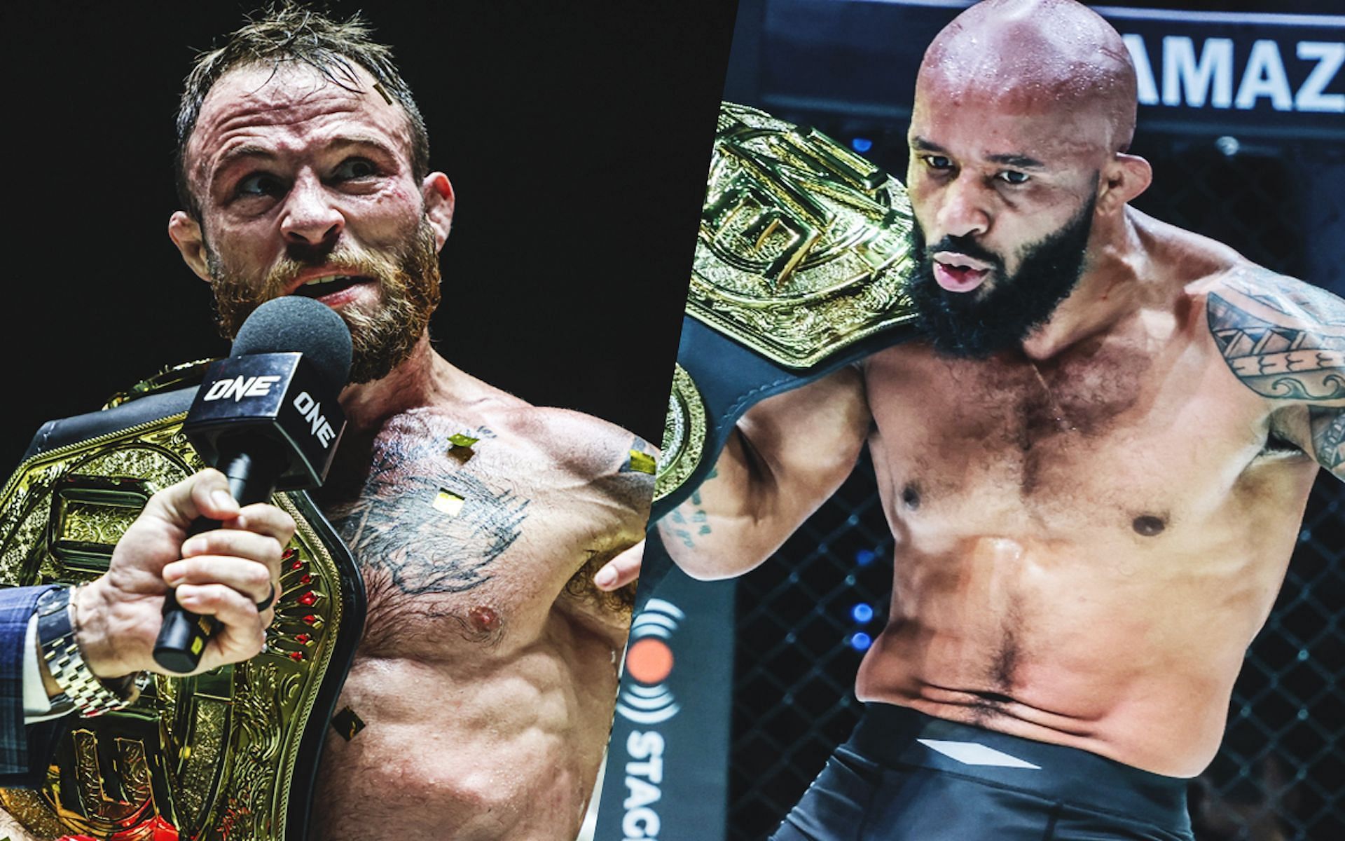 ONE interim strawweight MMA world champion Jarred Brooks (left) guns for the GOAT Demetrious Johnson (right).