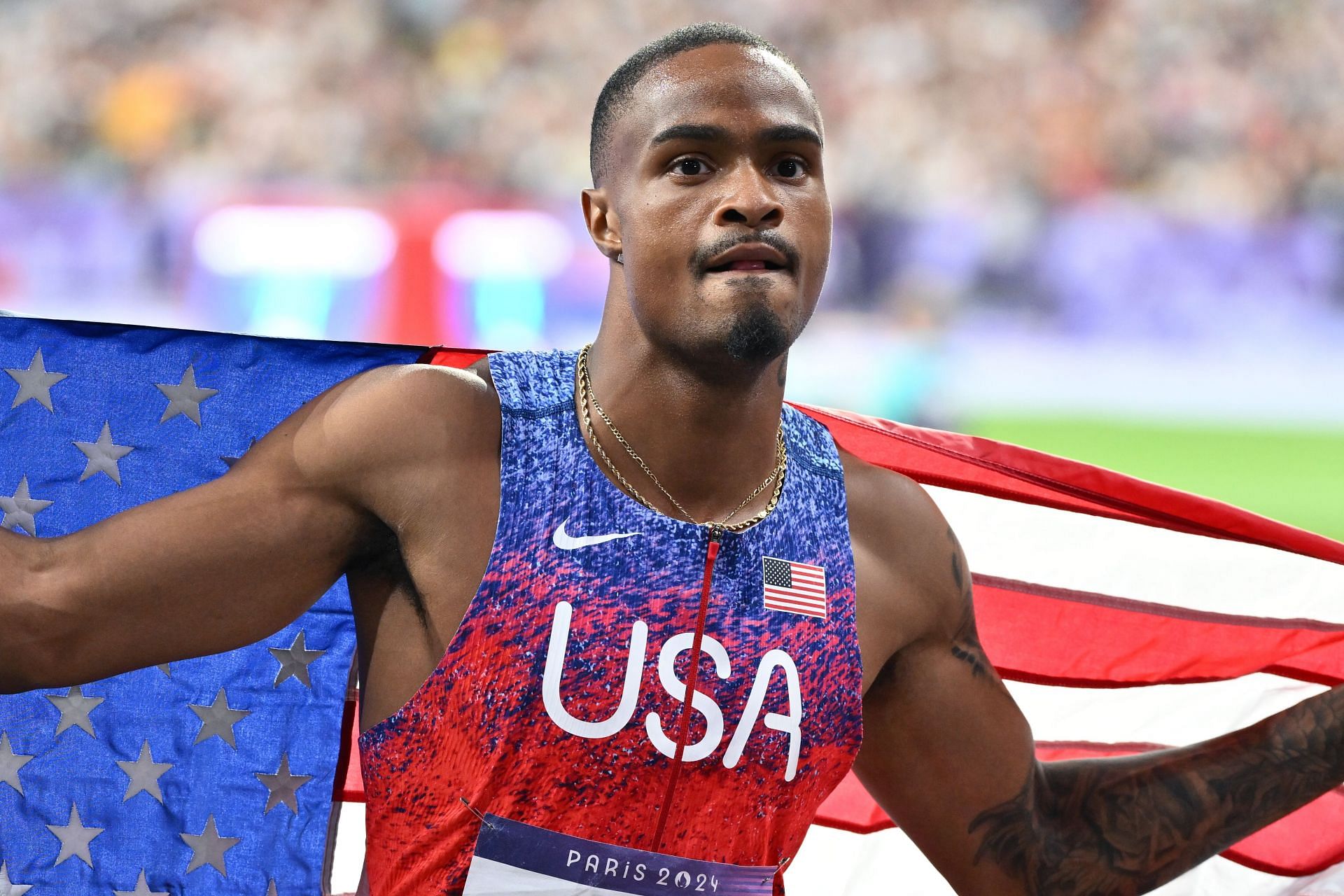 Quincy Hall celebrates winning the 400m final at the Olympic Games 2024 in Paris, France. (Photo by Getty Images)