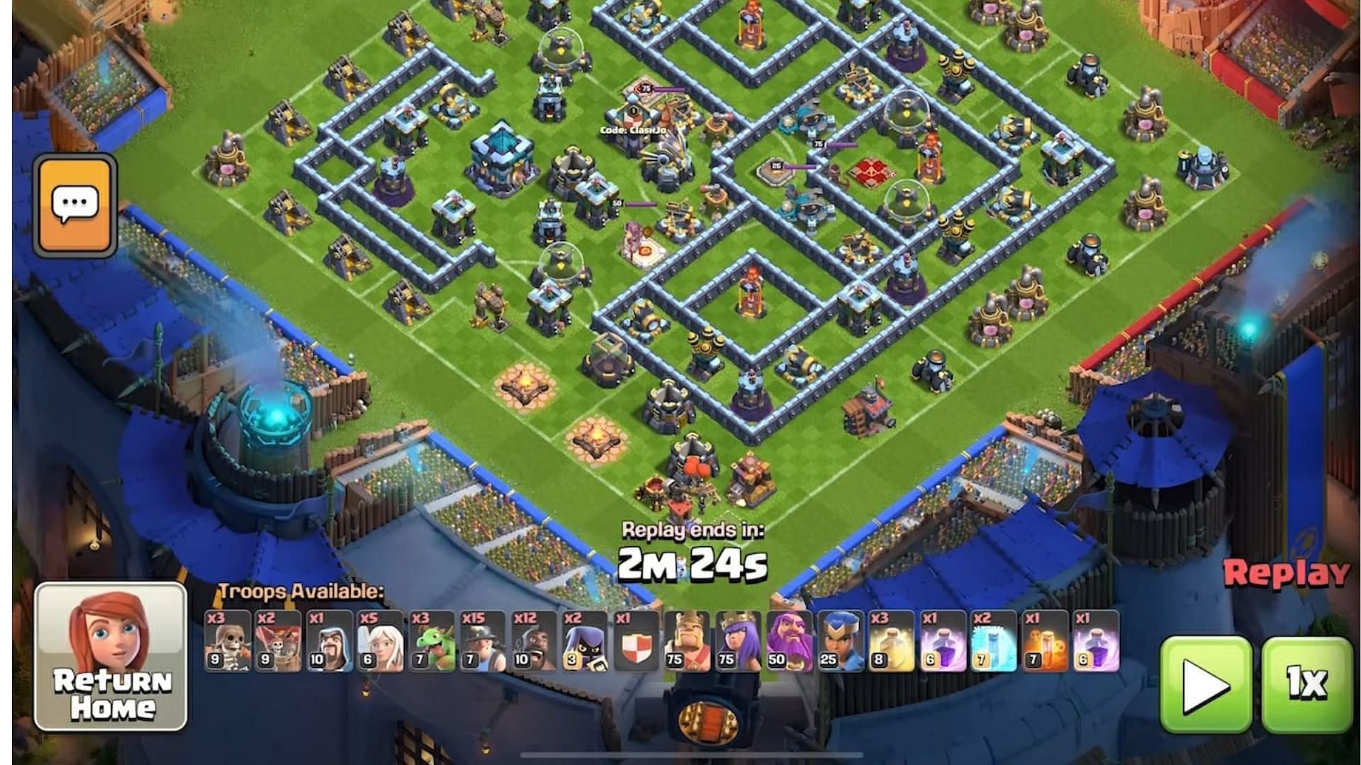 Use Royal Champion, Grand Warden, Hog Riders and Miners together to clear bases core (Image via Supercell)