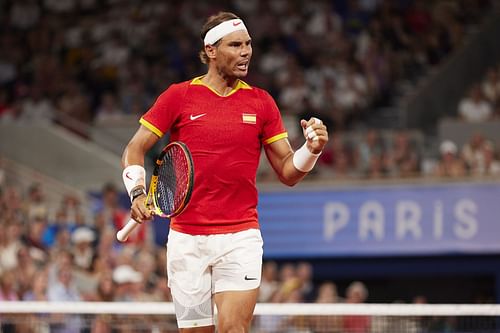 Rafael Nadal of Team Spain celebrates during the Men's Doubles Quarter-final match at the Olympic Games 2024 at Roland Garros in Paris, France. (Photo by Getty Images)