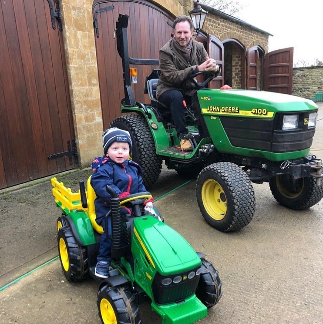 Christian Horner and Monty flaunting their tractors in the garage (Source: @christianhorner on Instagram)