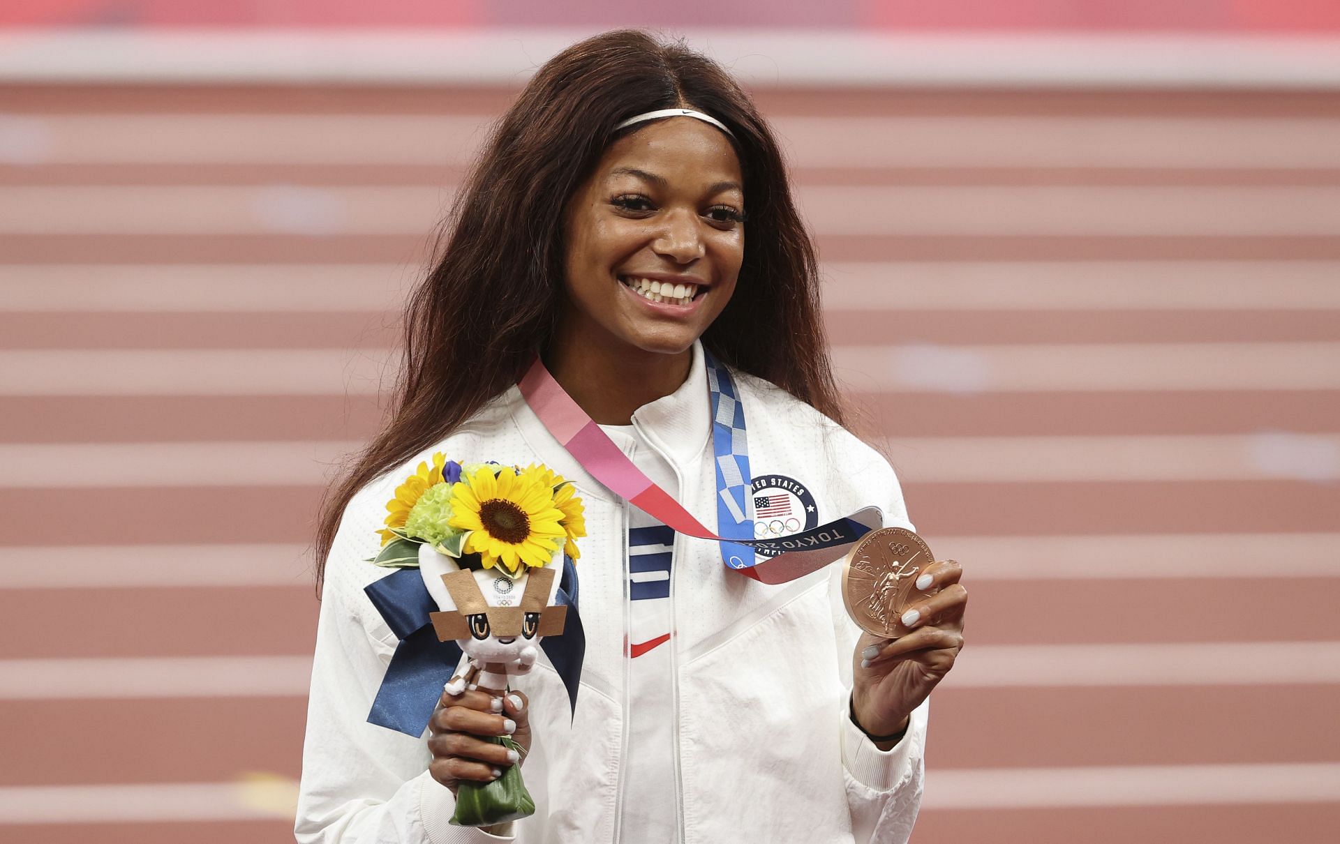 Gabrielle Thomas of USA during the medal ceremony of the Women&#039;s 200m Final at the Tokyo 2020 Olympics. (Photo by Jean Catuffe/Getty Images)