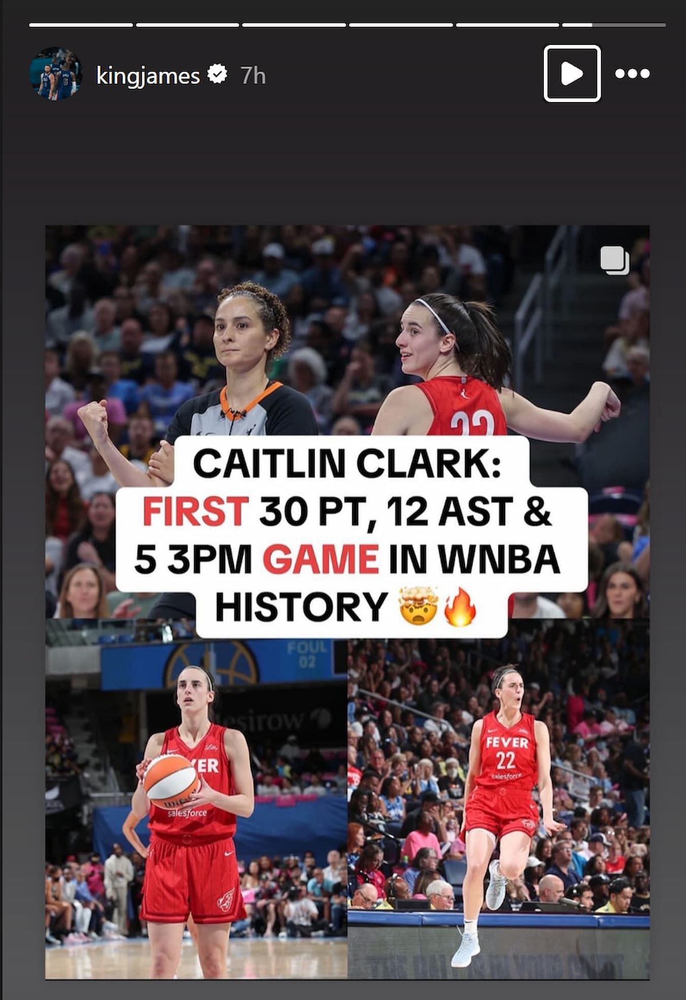 LeBron&#039;s IG story recognizing Caitlin Clark (Photo credits: LeBron&#039;s IG)