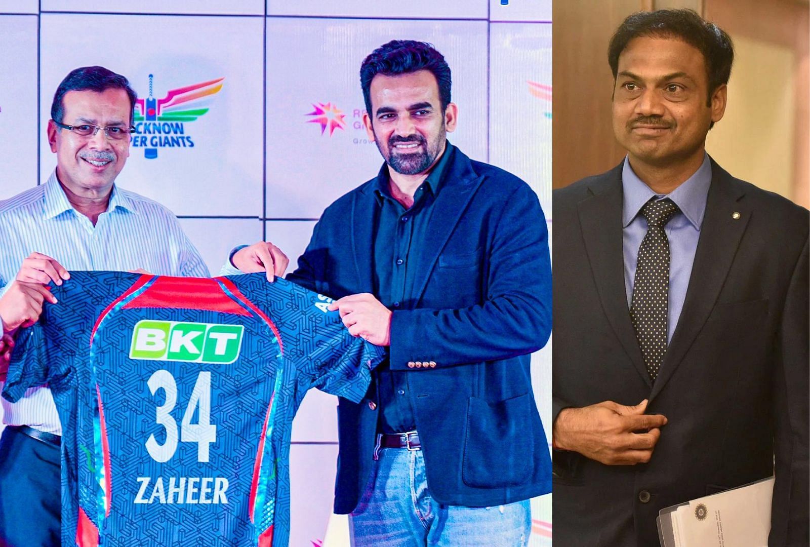 Zaheer Khan with LSG owner Sanjeev Goenka (L) and MSK Prasad (R). (Source: LSG and Getty)