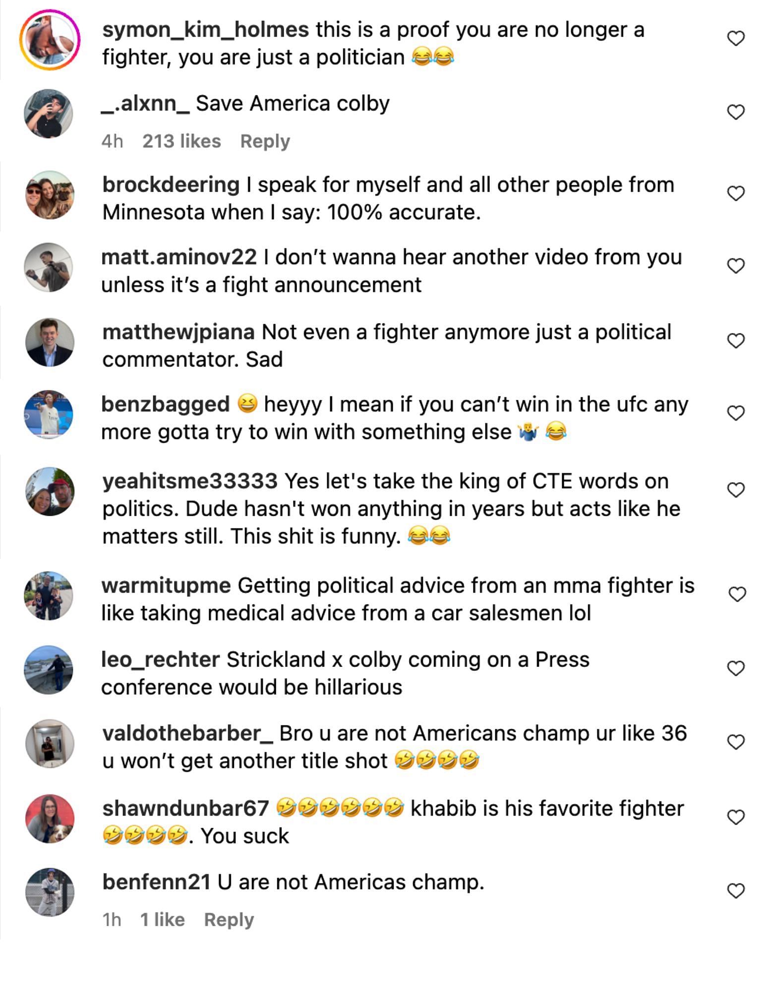 Fans react to Colby Covington criticizing Tim Walz. [via @colbycovington on Instagram]