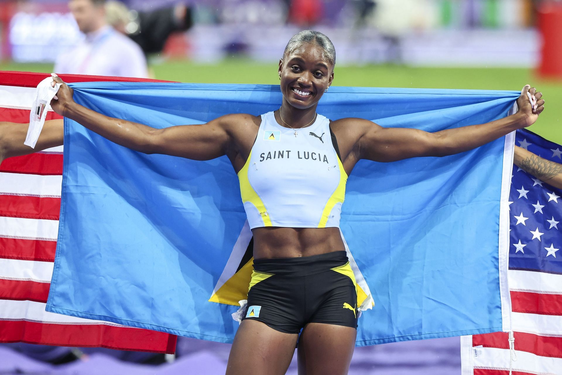 Julien Alfred of Team Saint Lucia celebrates after winning the gold medal during the Women&#039;s 100m Final in Paris, France. (Photo by Getty Images)