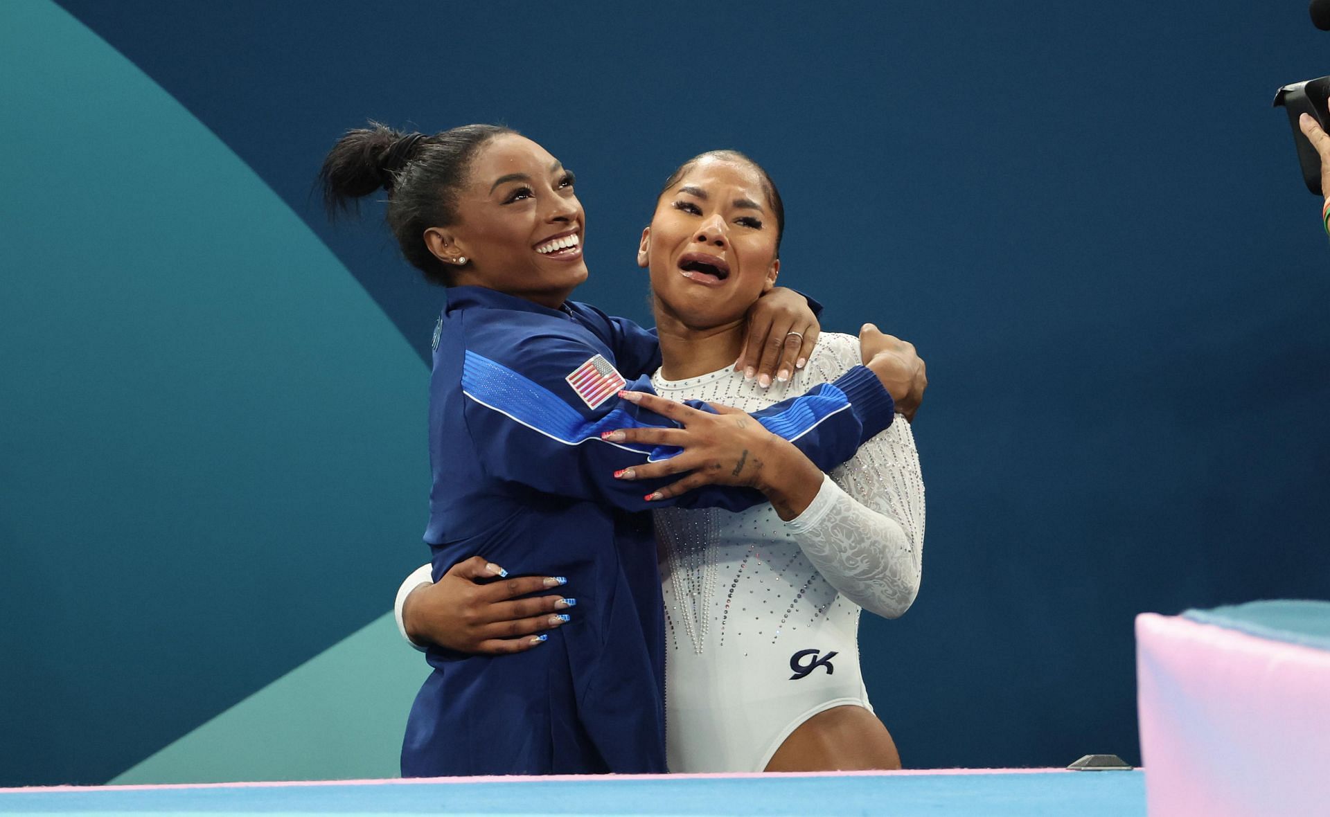 Simone Biles and Jordan Chiles celebrate after the Floor Exercise event at Paris Olympics 2024 [Image courtesy: Getty]